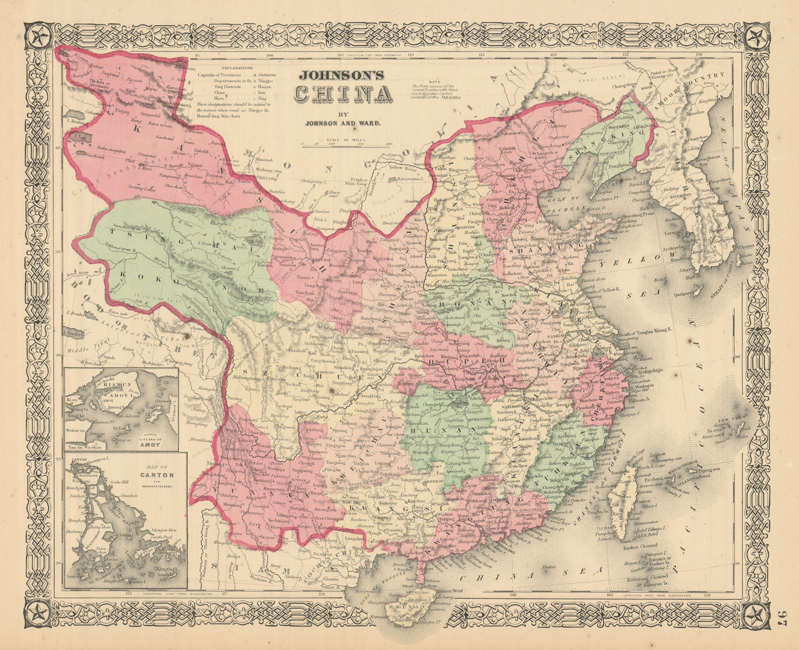 Johnson's China. Amoy Xiamen Harbor. Canton Hong Kong Macao 1866 old map