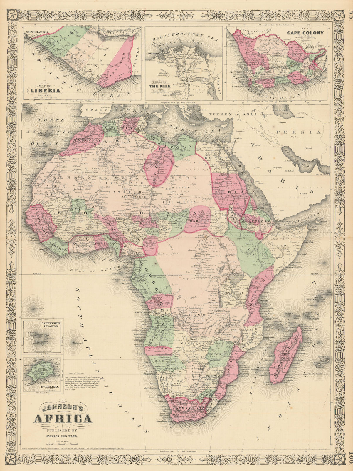 Associate Product Johnson's Africa. Colonies & tribes. Liberia Nile Delta Cape Colony 1866 map