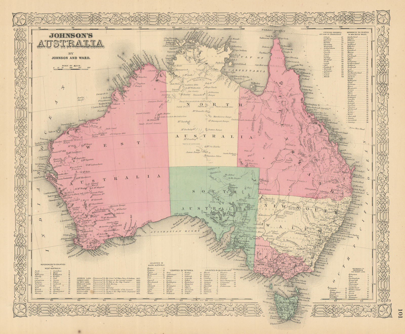 Johnson's Australia showing states 1866 old antique vintage map plan chart