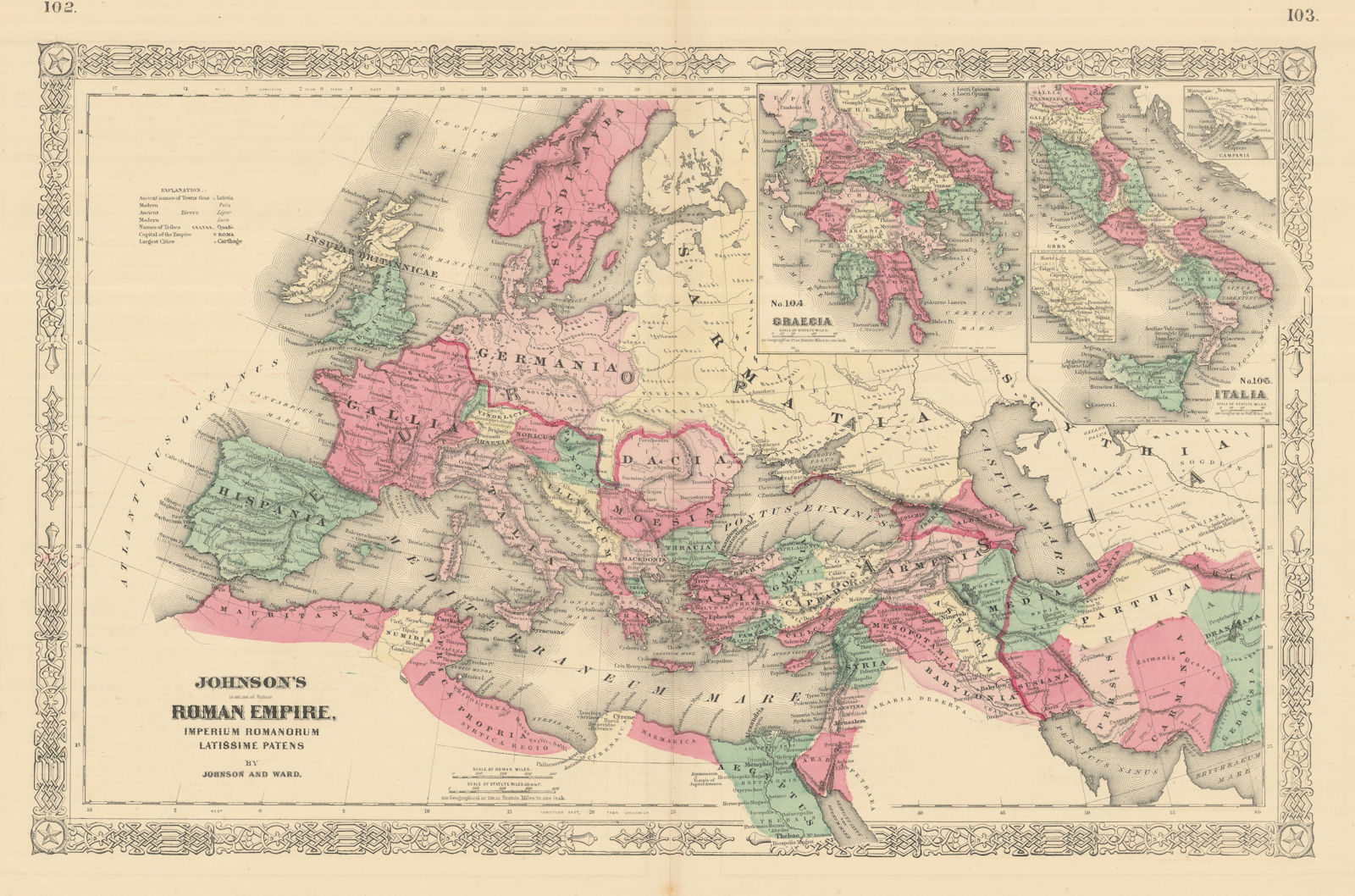 Johnson's Roman Empire. Imperium Romanorum. Graecia Italia Greece Italy 1866 map