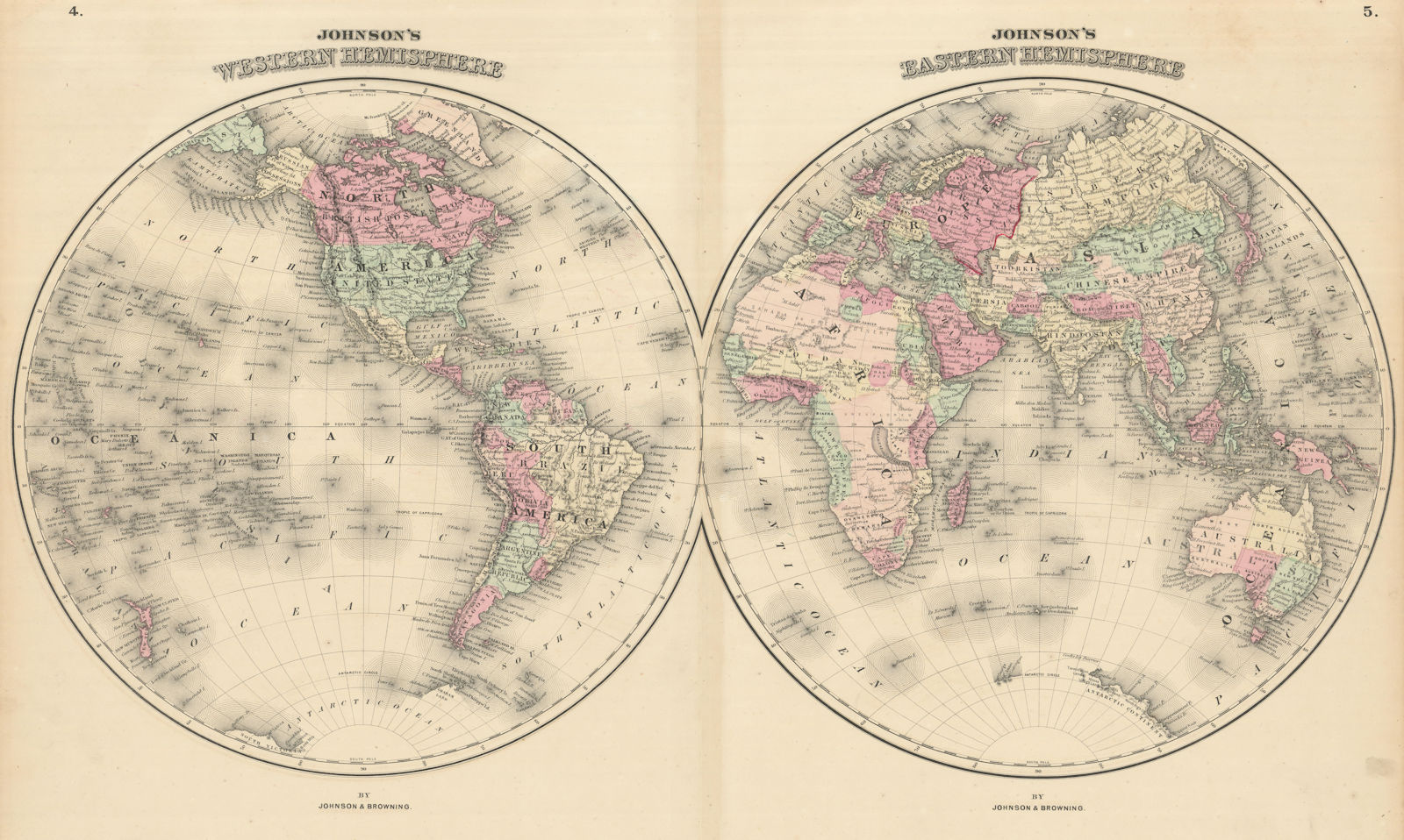 Johnson's Western & Eastern Hemispheres. World 1861 old antique map plan chart