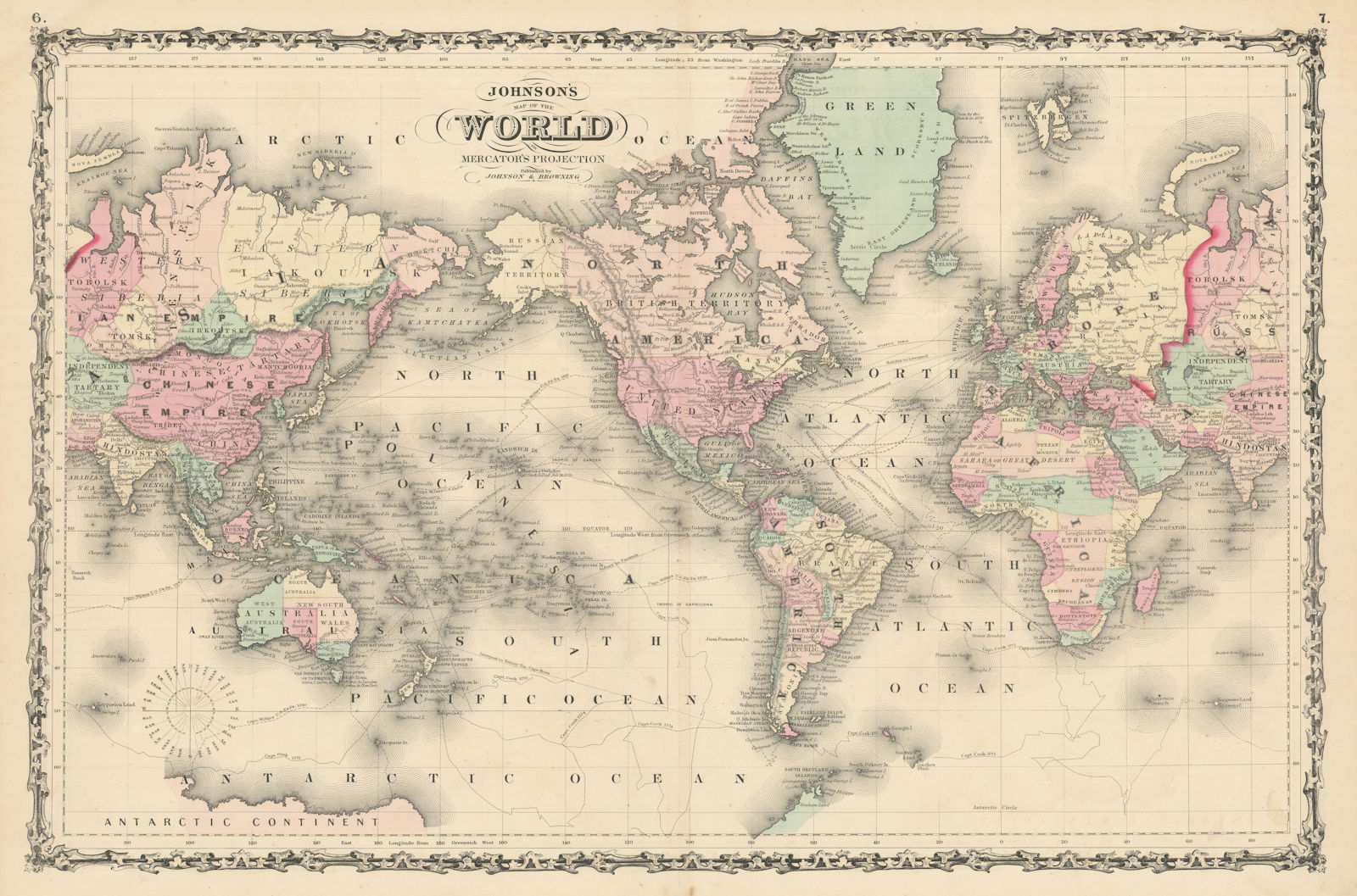 Associate Product Johnson's World on Mercator's Projection. Americas-centric 1861 old map