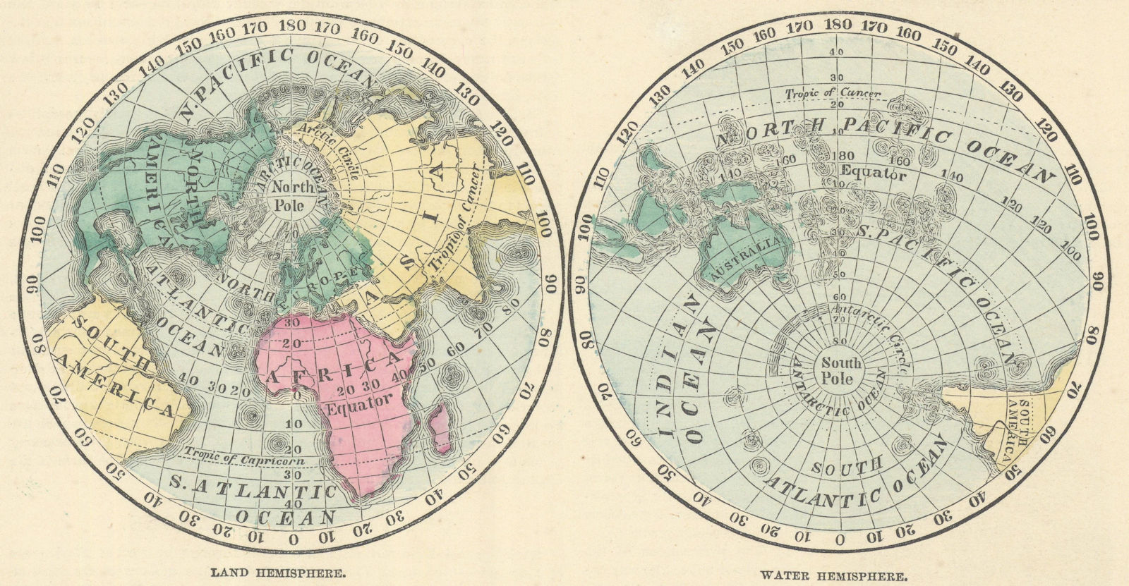 Associate Product World. Land & Water Hemispheres. JOHNSON 1861 old antique map plan chart