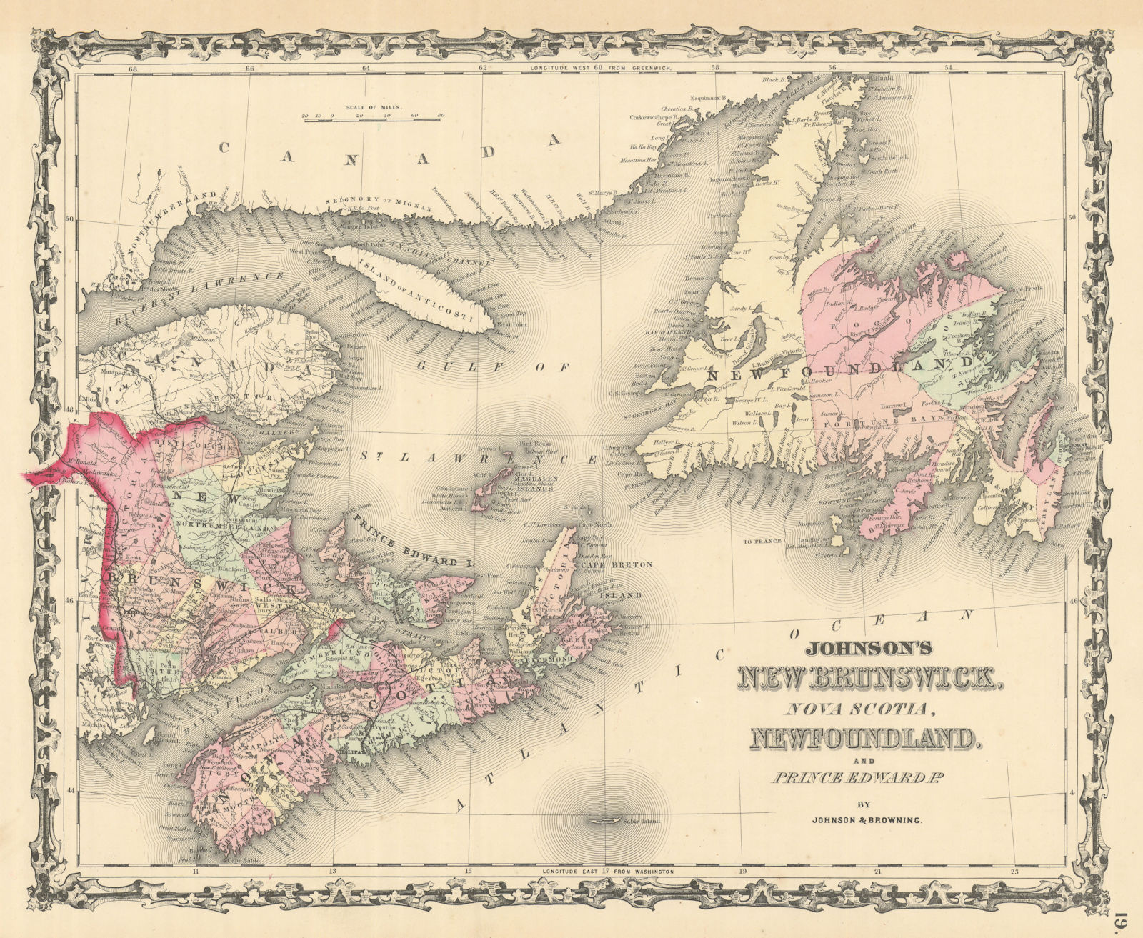Associate Product Johnson's New Brunswick, Nova Scotia, Newfoundland & Prince Edward Id. 1861 map