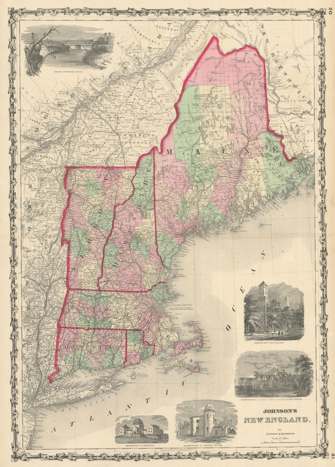 Johnson's New England. Maine NH Vermont Massachusetts Connecticut 1861 old map