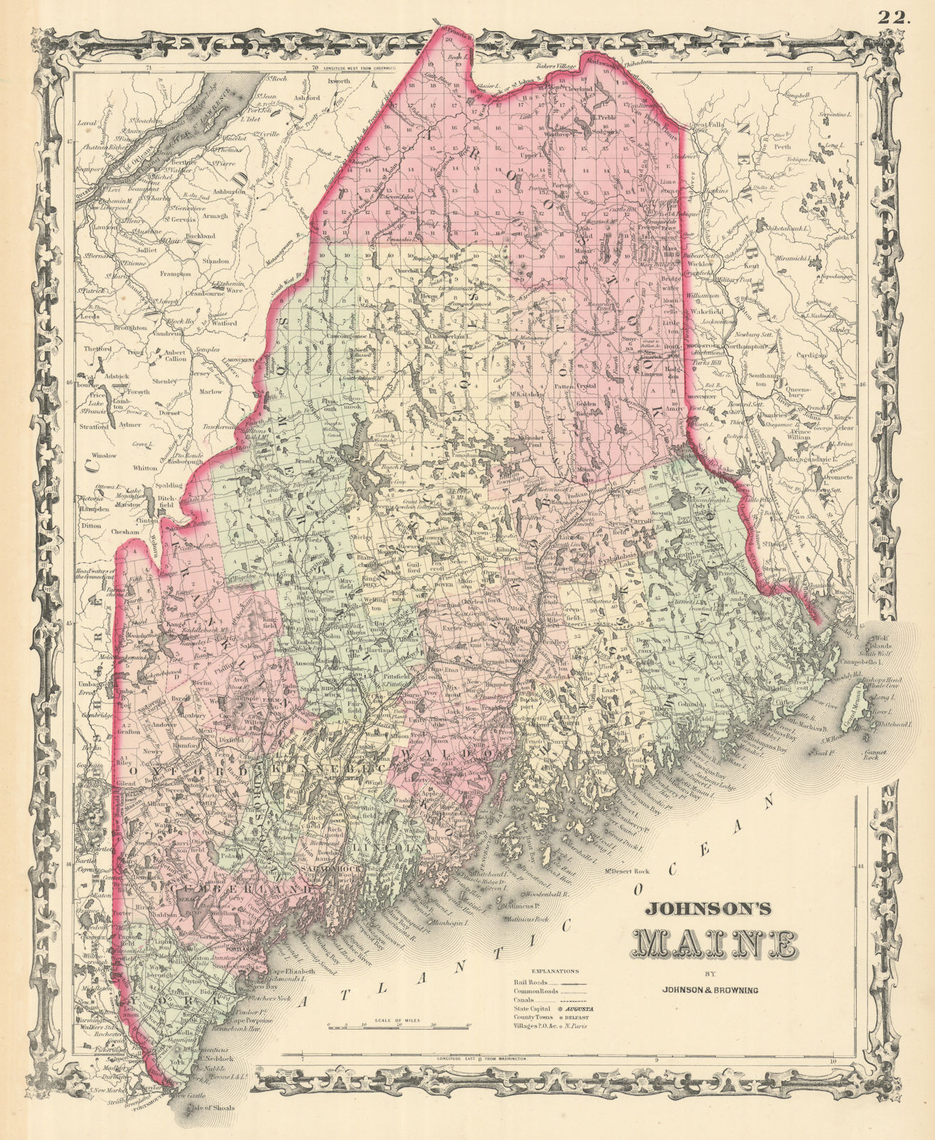 Associate Product Johnson's Maine. US State map showing counties. New England 1861 old