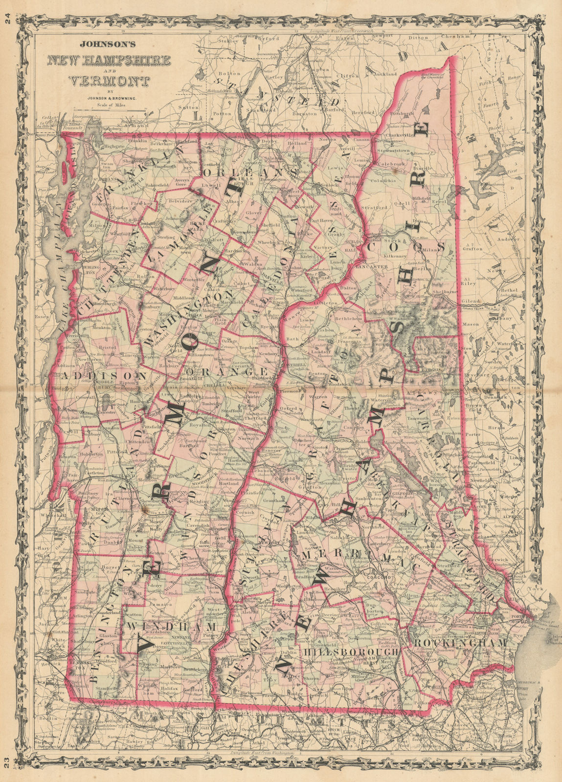 Associate Product Johnson's New Hampshire & Vermont. US State map showing counties 1861 old