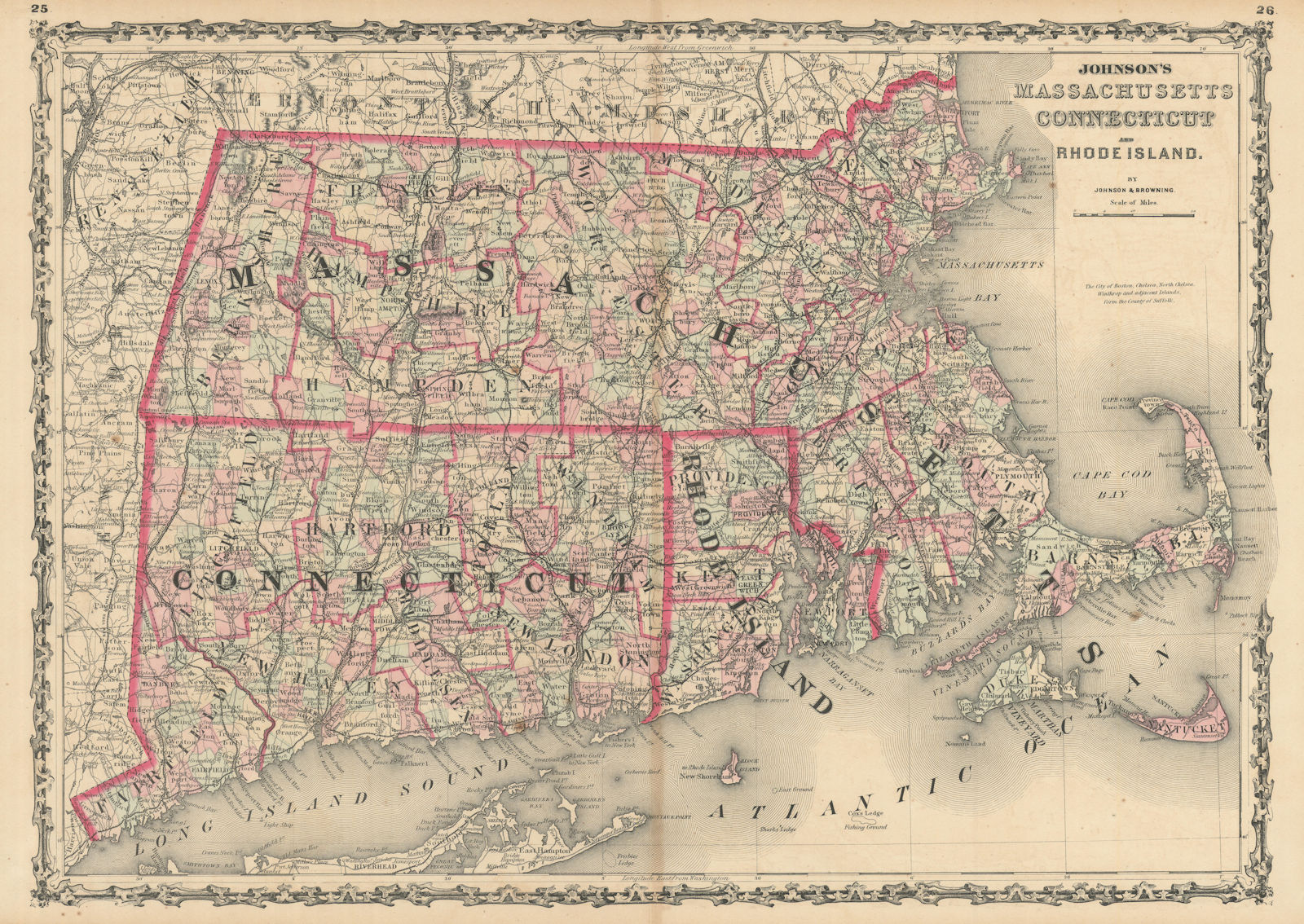 Associate Product Johnson's Massachusetts, Connecticut & Rhode Island. New England 1861 old map