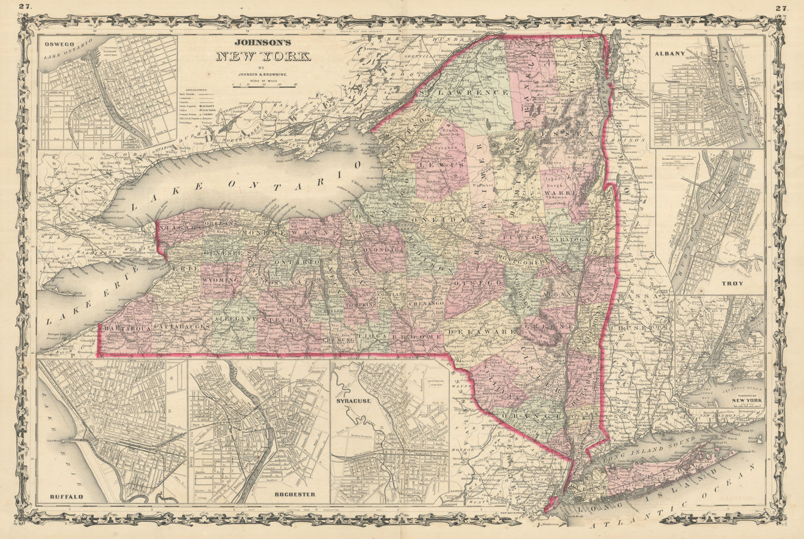 Johnson's New York state map. Albany Troy Rochester Buffalo Syracuse 1861