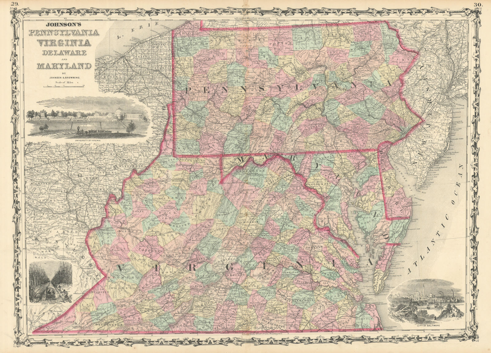Johnson's Pennsylvania, Virginia, Delaware & Maryland. US state map 1861