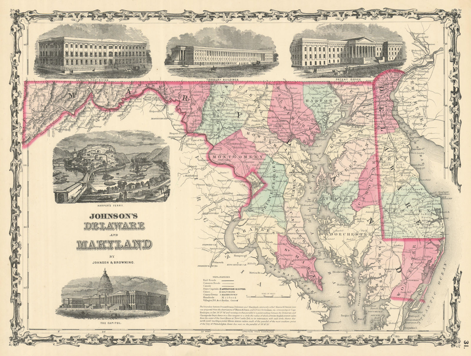 Associate Product Johnson's Delaware & Maryland. District of Columbia. Counties 1861 old map