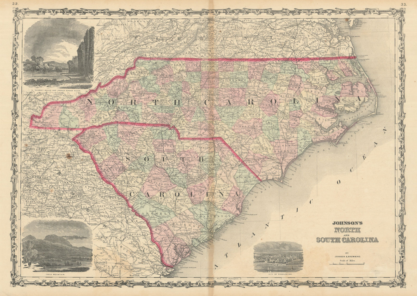 Johnson's North & South Carolina showing counties. US state map 1861 old