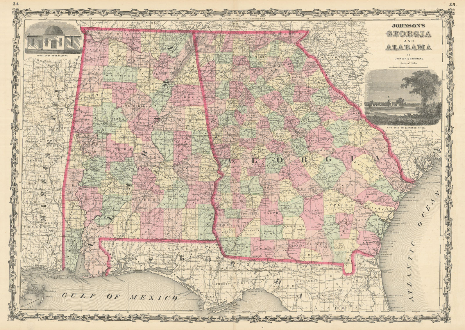 Johnson's Georgia & Alabama. US state map showing counties 1861 old