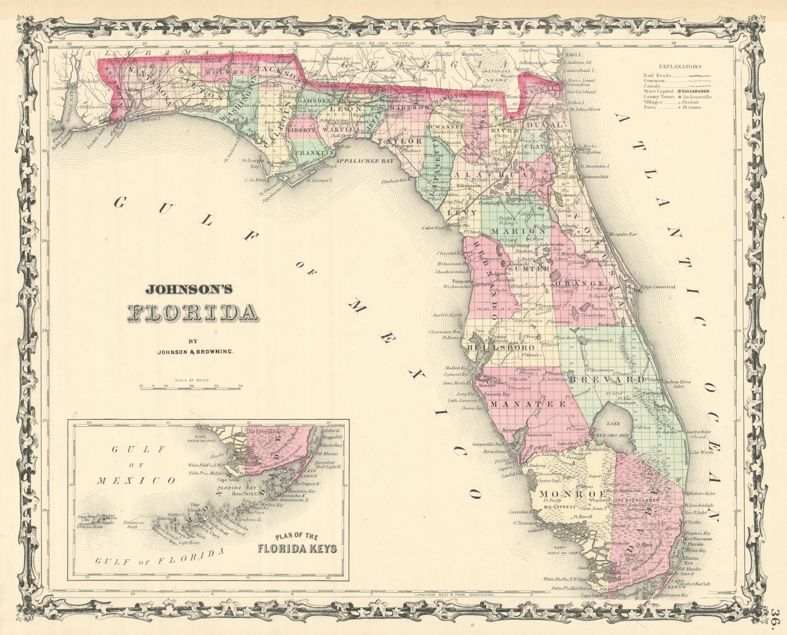 Johnson's Florida. Florida Keys. US state map showing counties 1861 old