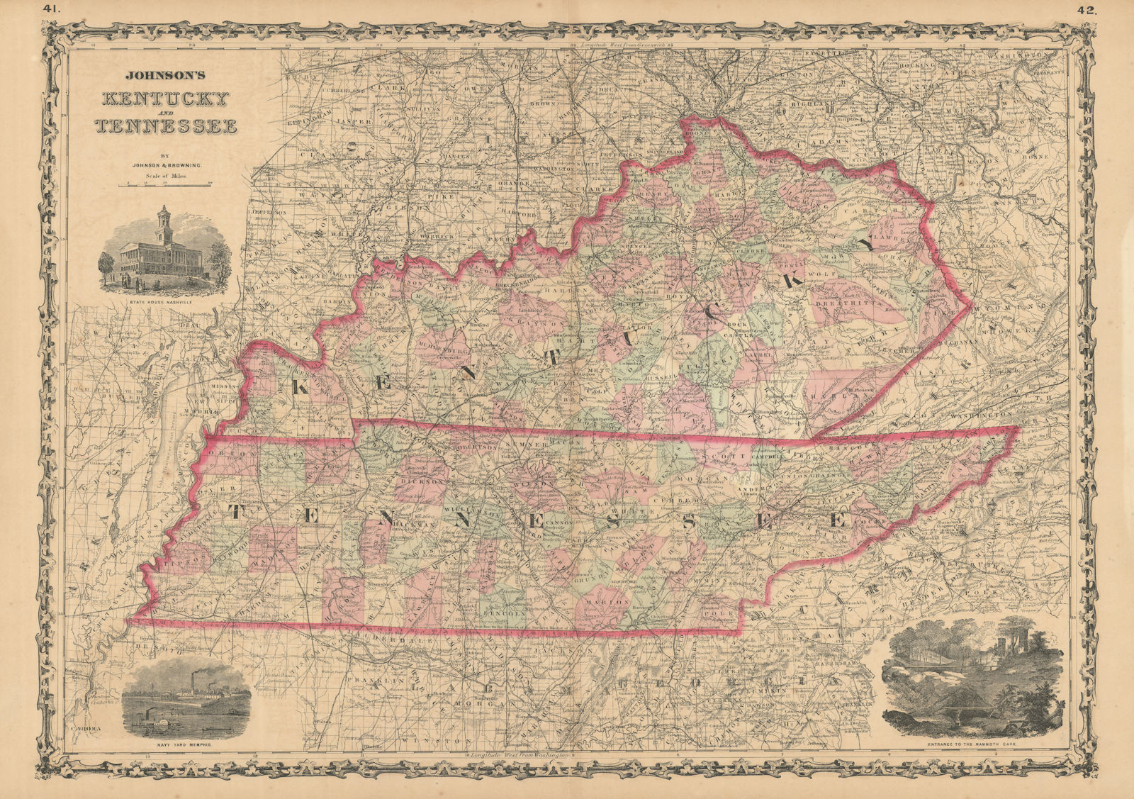 Johnson's Kentucky and Tennessee. US state map showing counties 1861 old