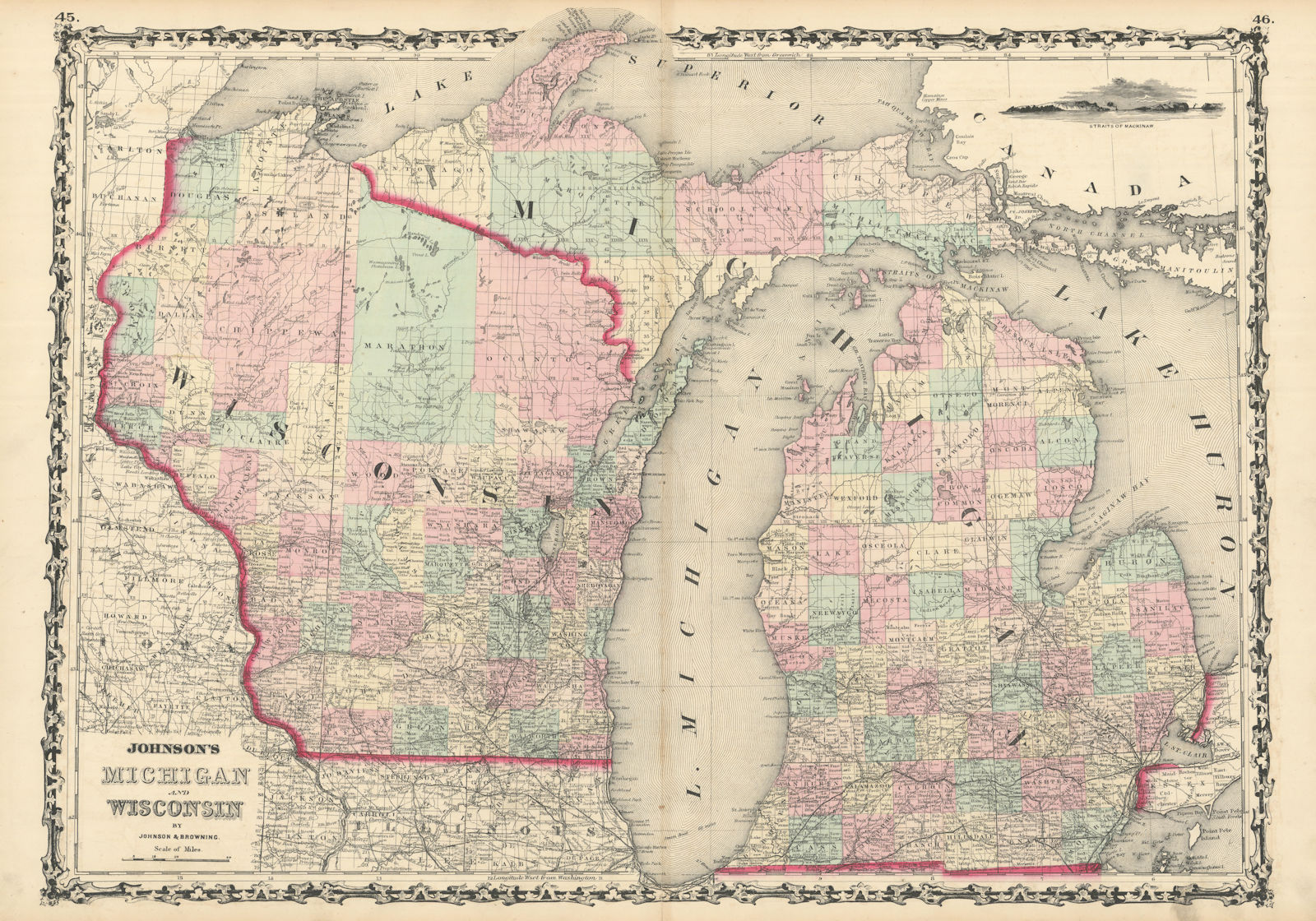 Johnson's Wisconsin & Michigan. State map showing counties. Great Lakes 1861