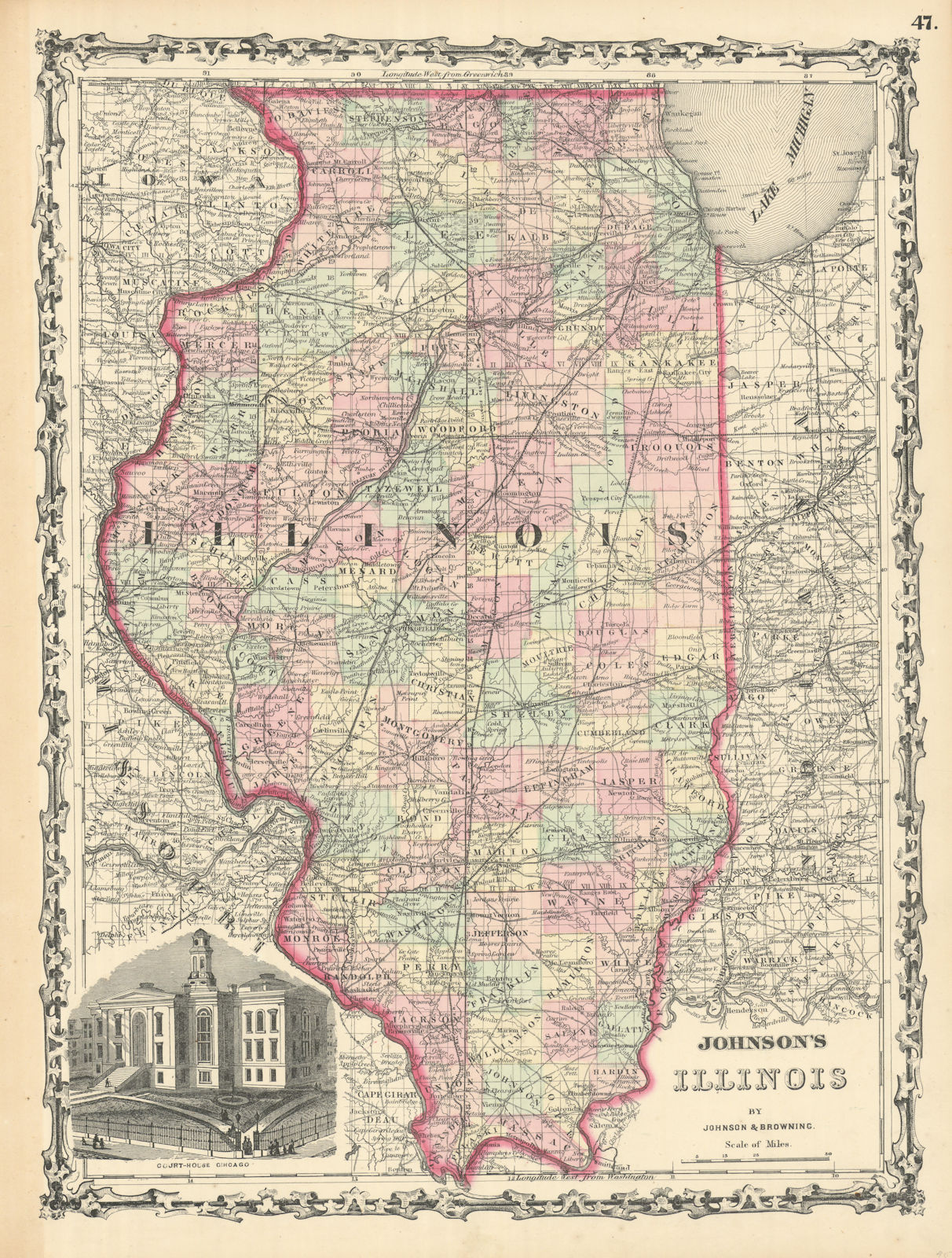 Johnson's Illinois. US state map showing counties 1861 old antique chart