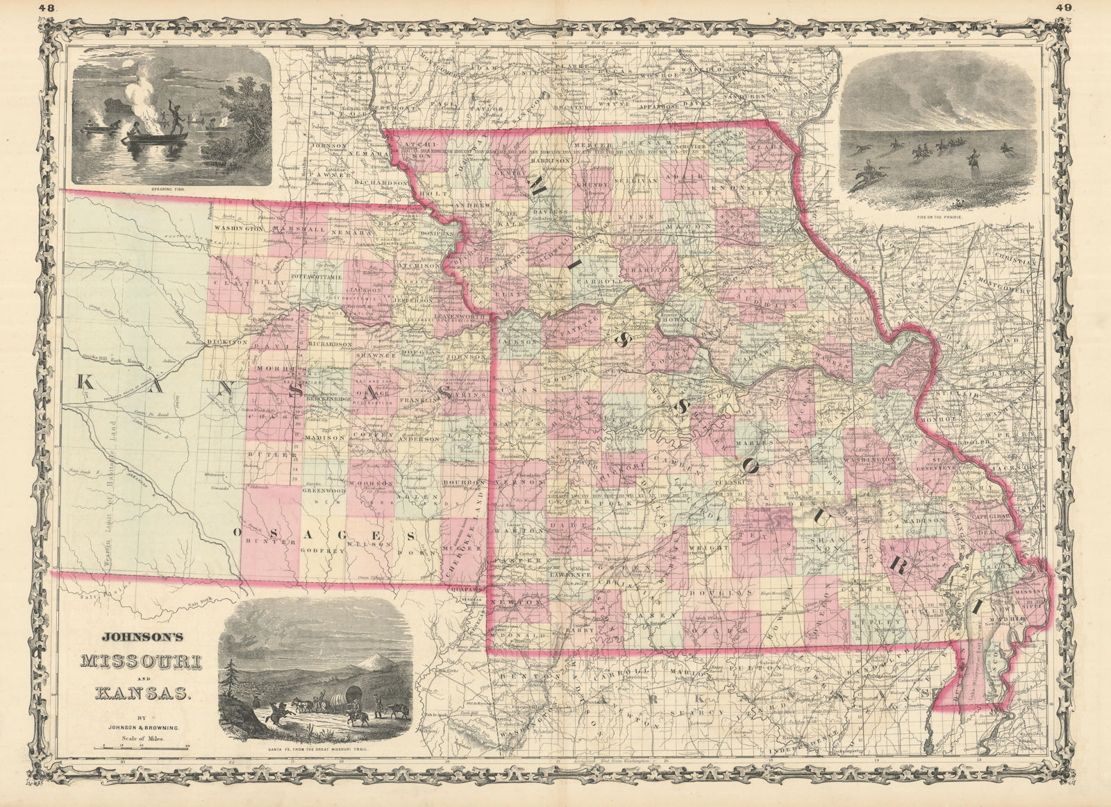 Johnson's Missouri & Kansas. US state map showing counties 1861 old