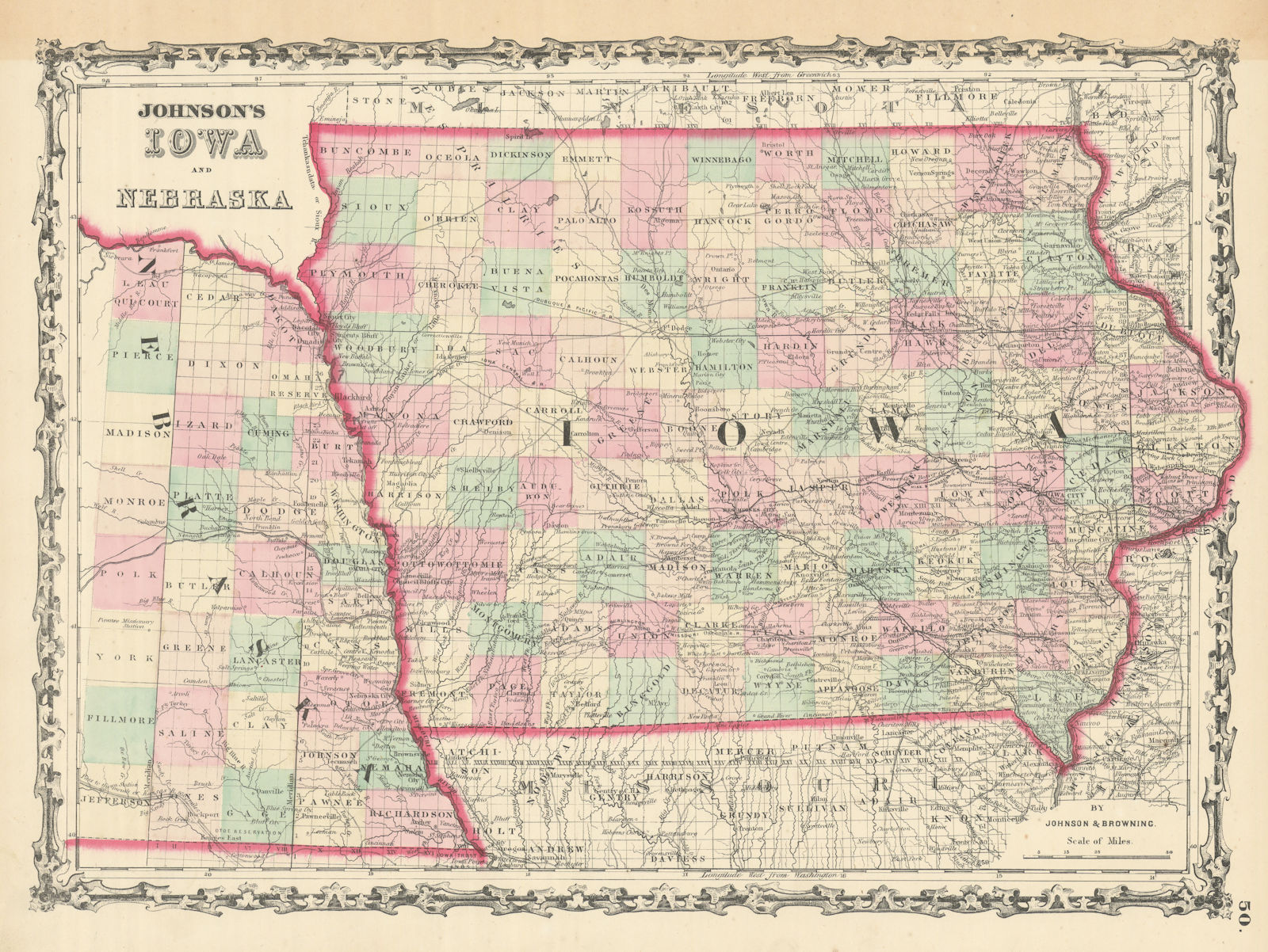 Johnson's Iowa & Nebraska. US state map showing counties 1861 old antique