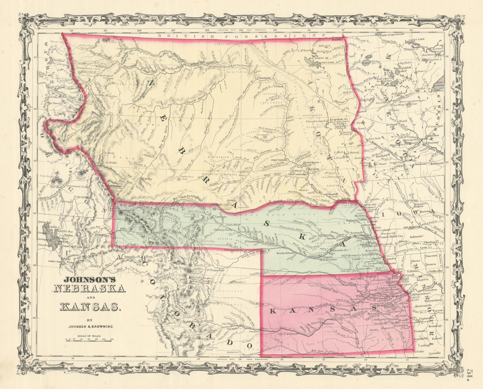 Johnson's Nebraska [Territory] & Kansas. Montana Dakota Wyoming 1861 old map