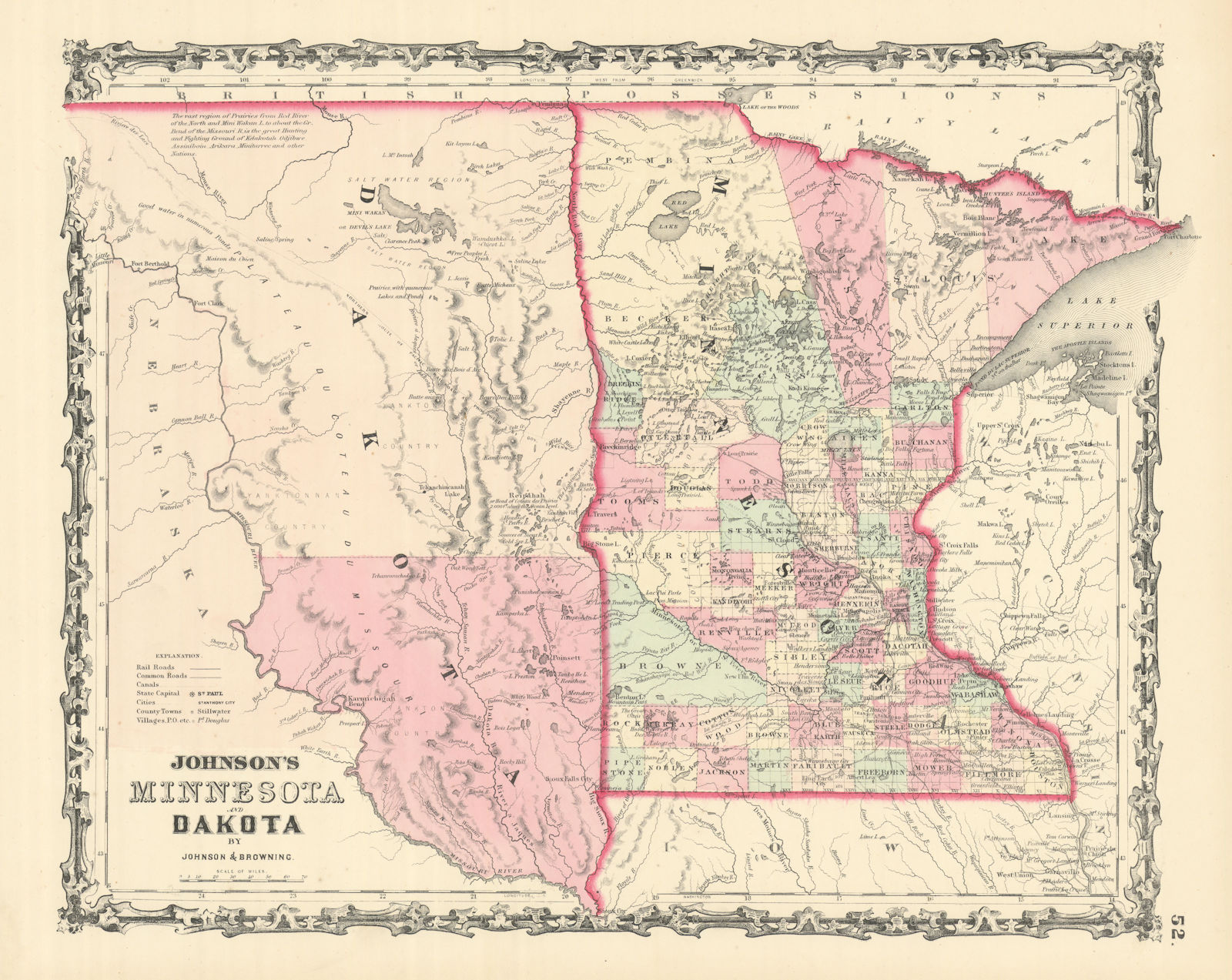 Johnson's Minnesota and Dakota [Territory]. US state map with counties 1861