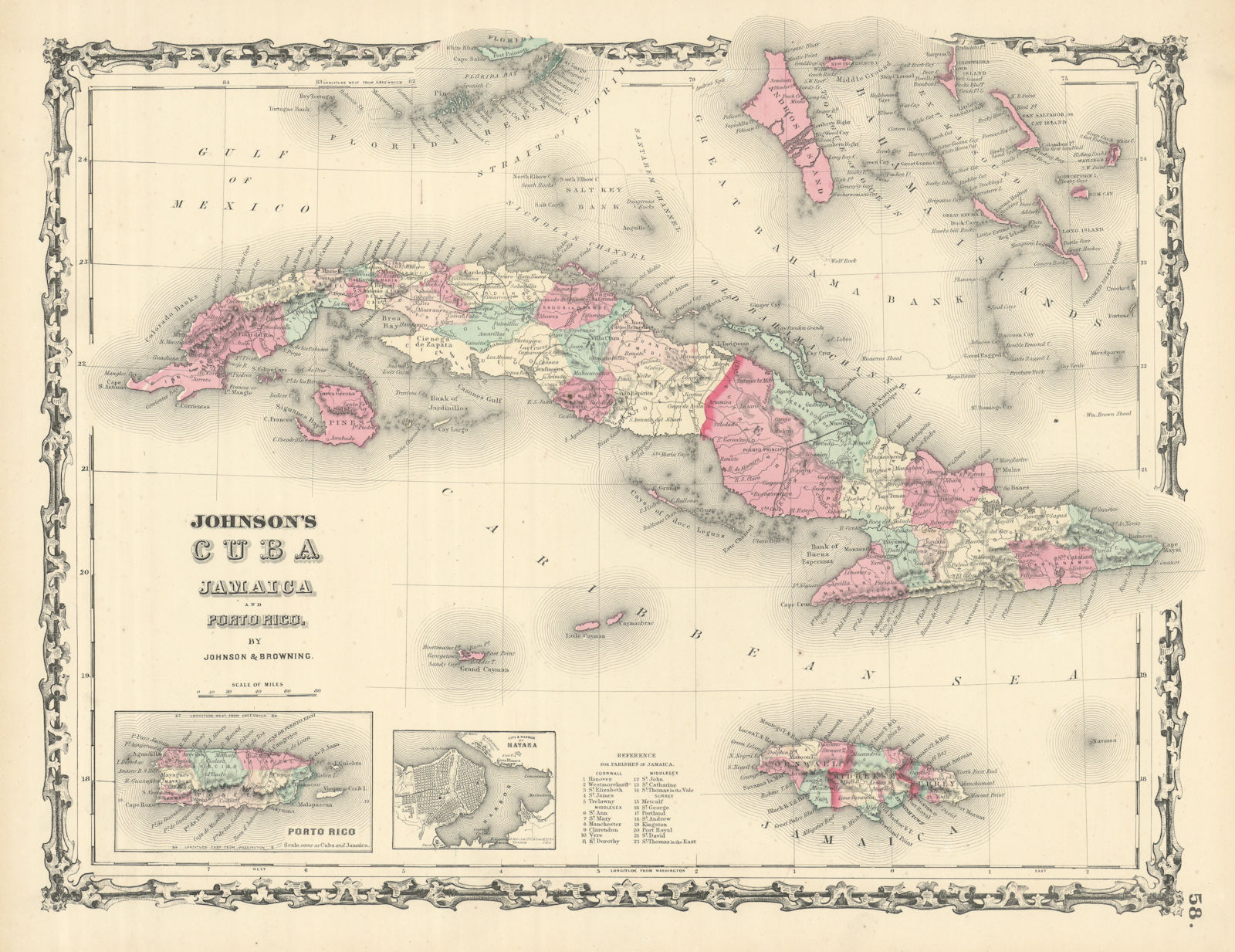 Johnson's Cuba, Jamaica & Porto Rico. Puerto Rico. Bahamas Florida Keys 1861 map