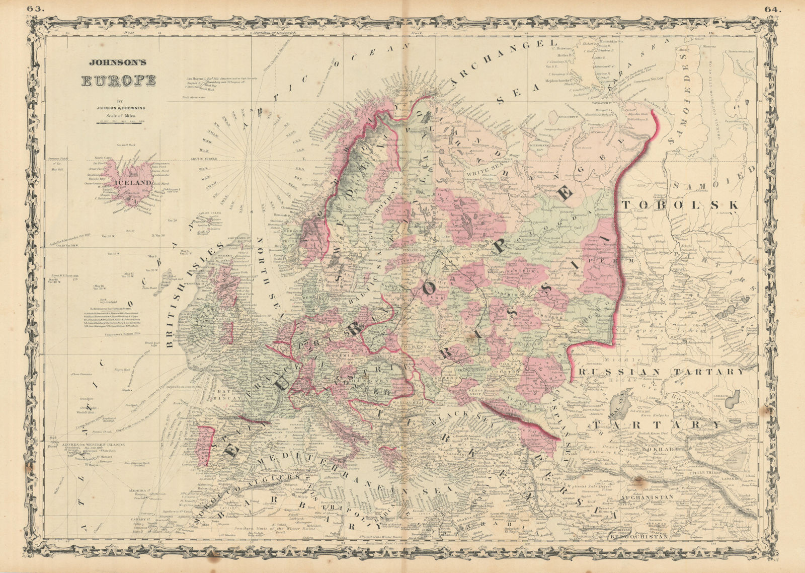 Johnson's Europe. Navigators' routes. Continental Shelf 1861 old antique map