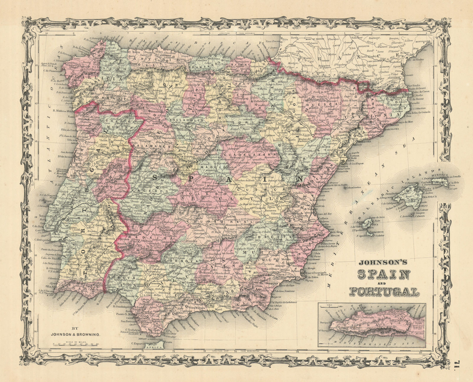 Johnson's Spain and Portugal. Iberia. Gibraltar 1861 old antique map chart