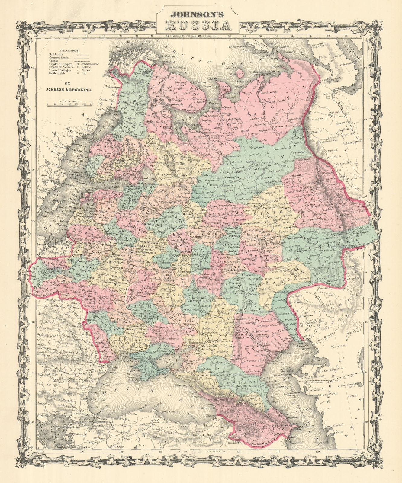 Johnson's Russia in Europe. Ukraine Poland Baltics Finland Caucasus 1861 map