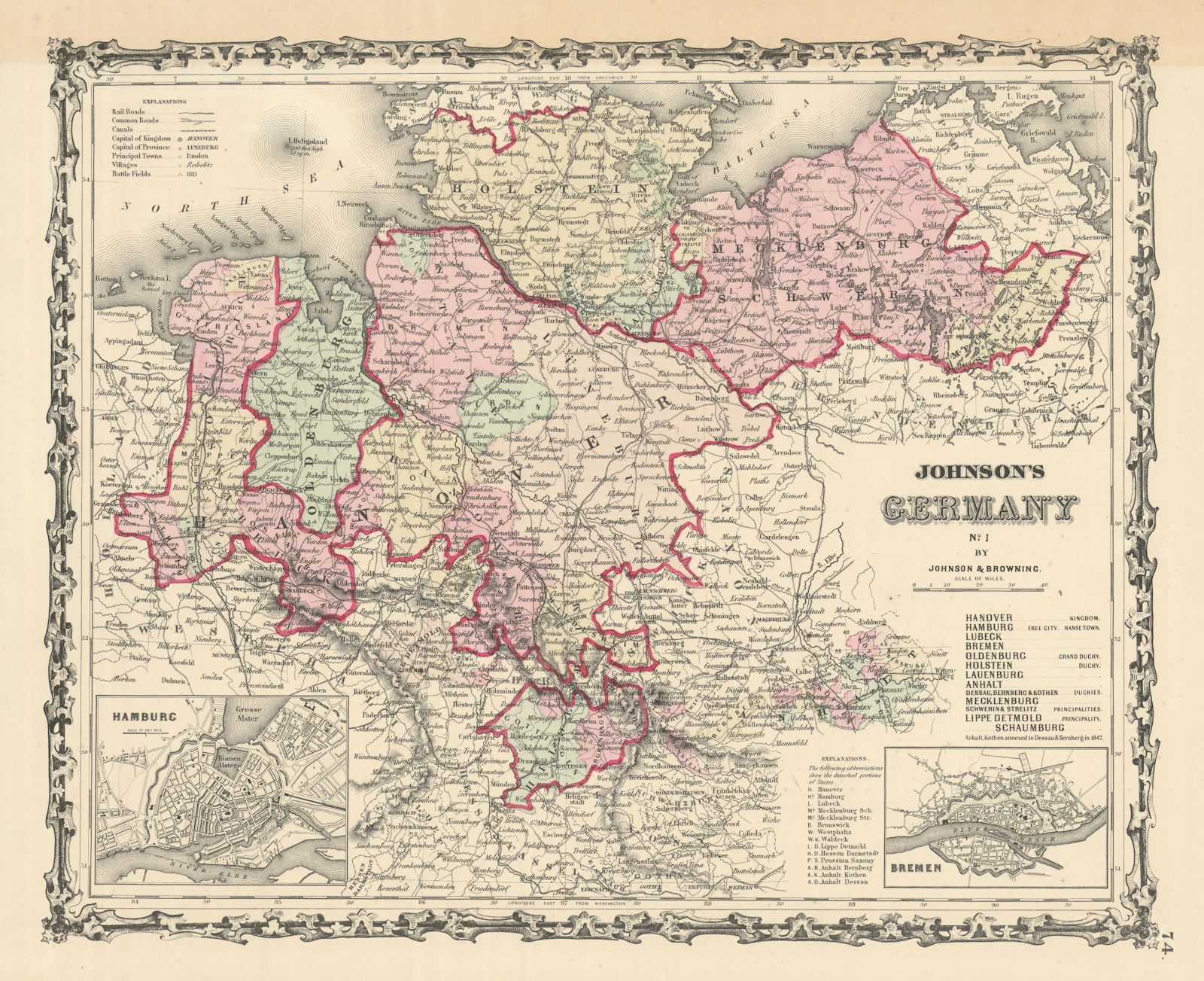Johnson's Germany No. 1. Northern Germany 1861 old antique map plan chart