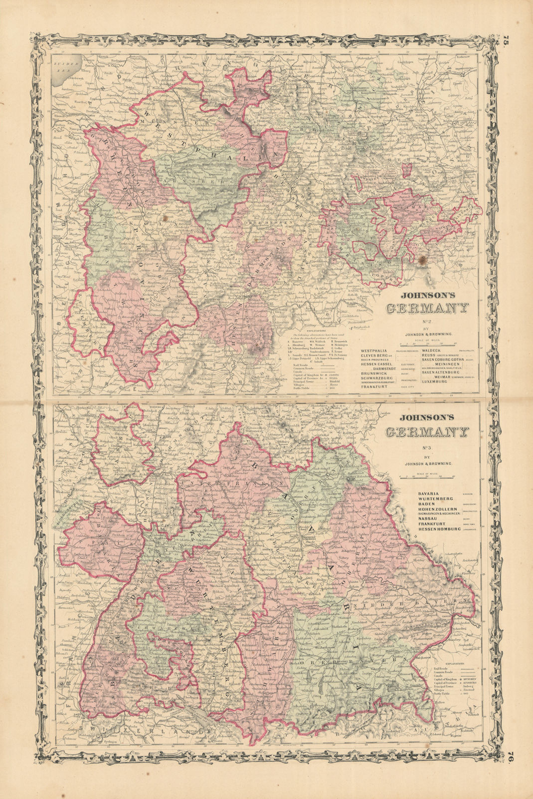 Associate Product Johnson's Germany No. 2 & No. 3. South & Western Germany 1861 old antique map