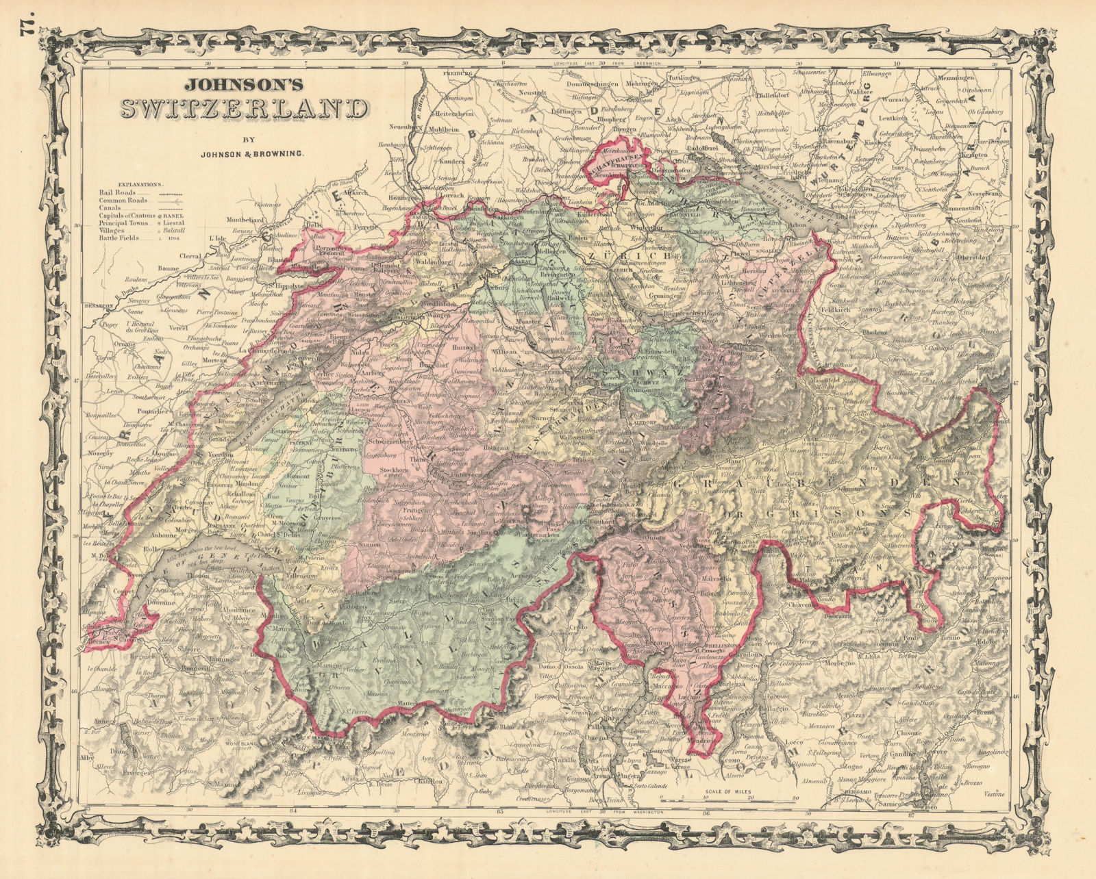 Associate Product Johnson's Switzerland in cantons 1861 old antique vintage map plan chart