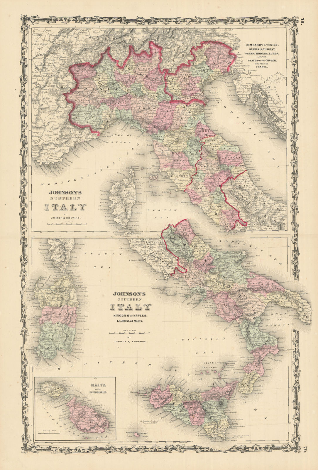Johnson's Northern & Southern Italy. Malta. Unusual juxtaposition 1861 old map