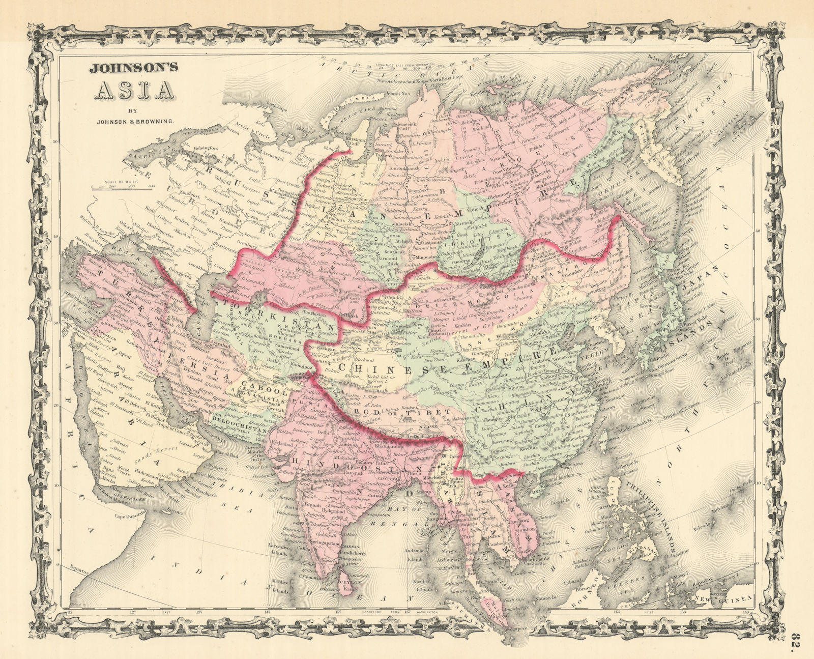 Johnson's Asia. Bod or Tibet. Toorkistan Cabool Birmah Persia Corea 1861 map