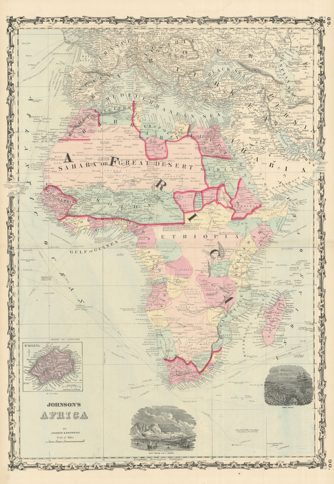 Johnson's Africa. Colonies & tribes. Navigators' & explorers' routes 1861 map
