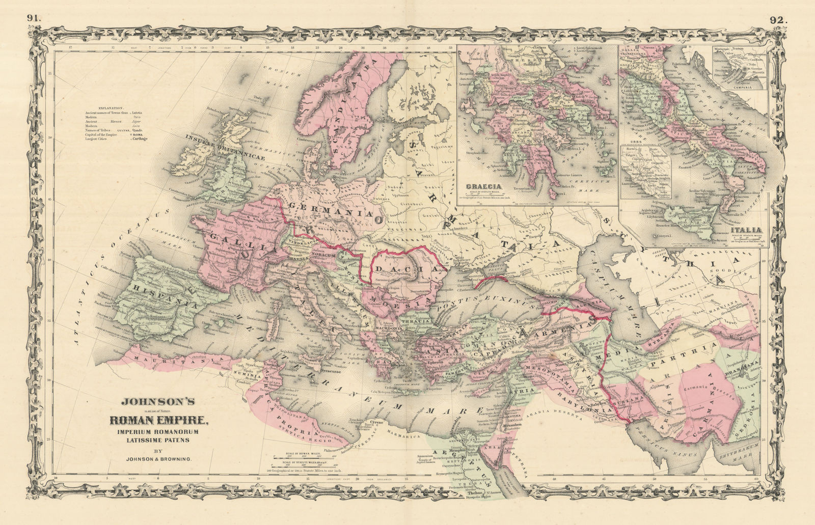 Johnson's Roman Empire. Imperium Romanorum. Graecia Italia Greece Italy 1861 map