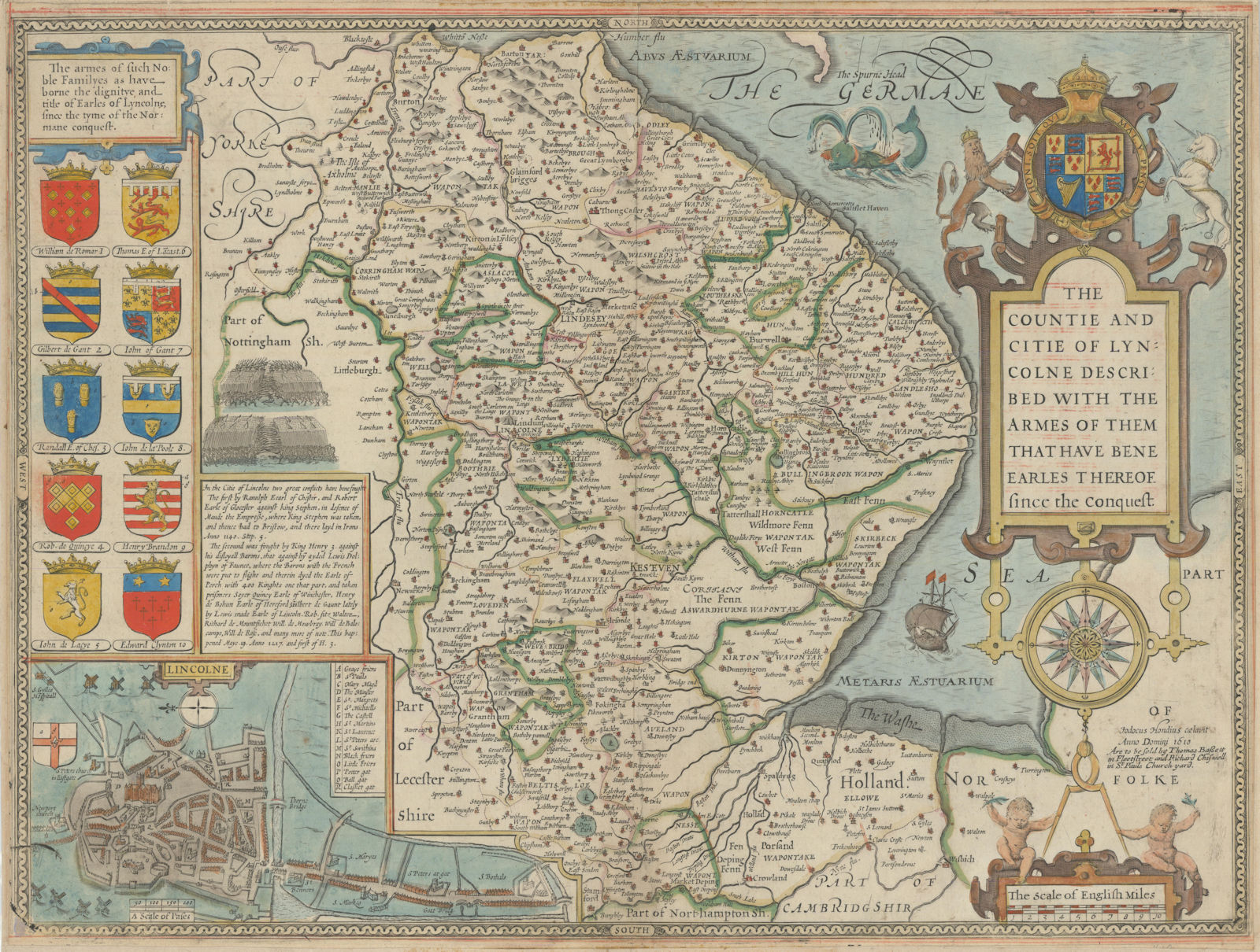 Countie of Lyncolne. Lincolnshire county map by Speed. Bassett/Chiswell ed. 1676