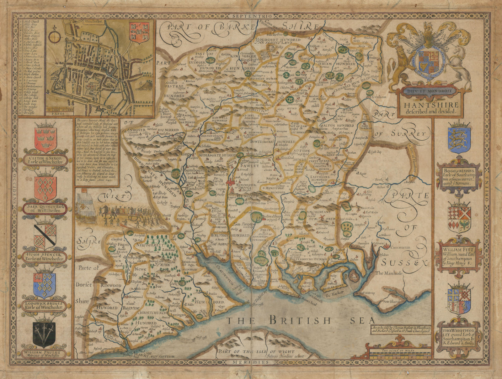 Hantshire. Hampshire county map by John Speed. Bassett/Chiswell edition 1676