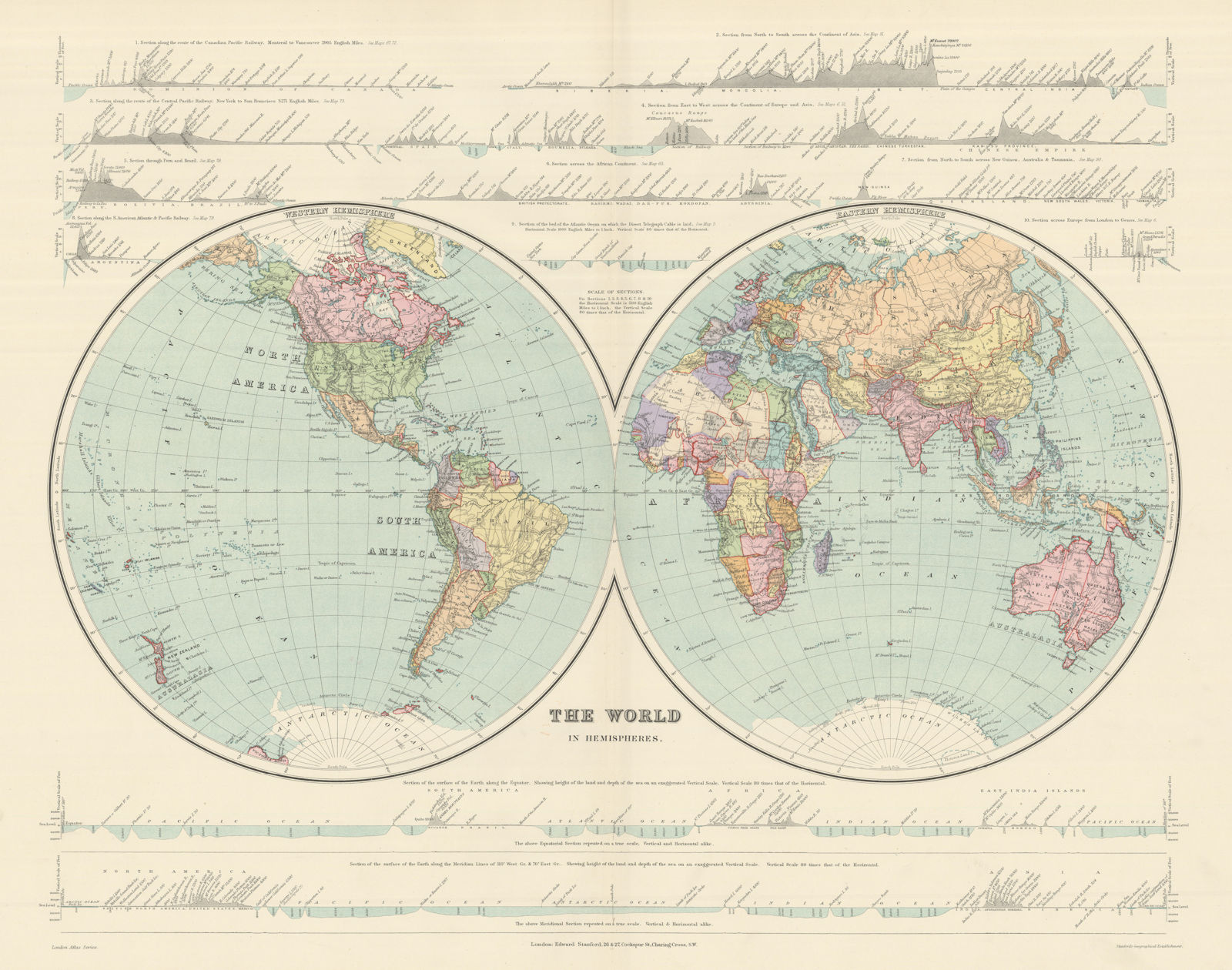 World In Hemispheres with Continental sections. Large 61x49cm. STANFORD 1894 map