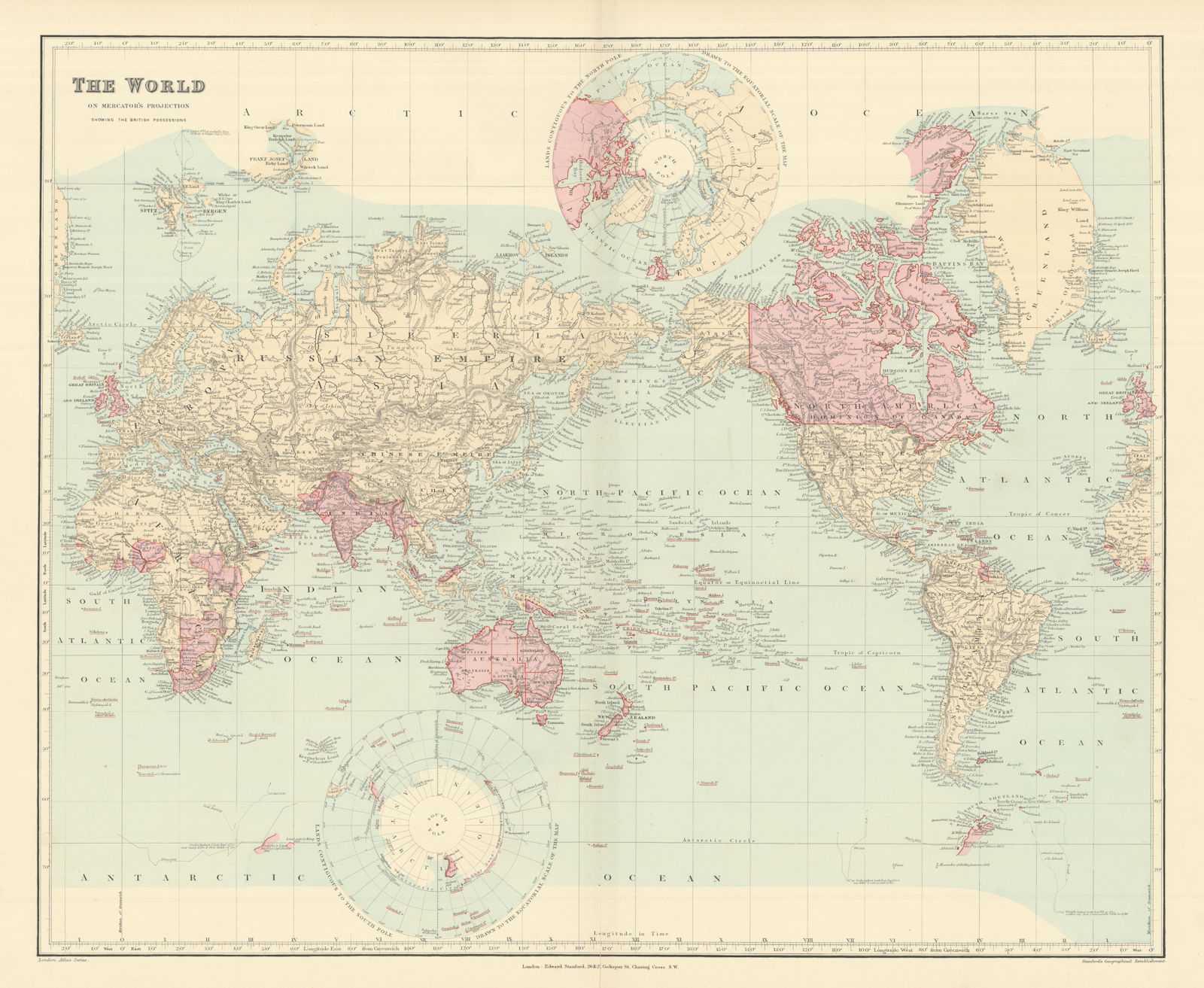 Associate Product The World showing British Possessions/Empire in pink. 52x63cm. STANFORD 1894 map