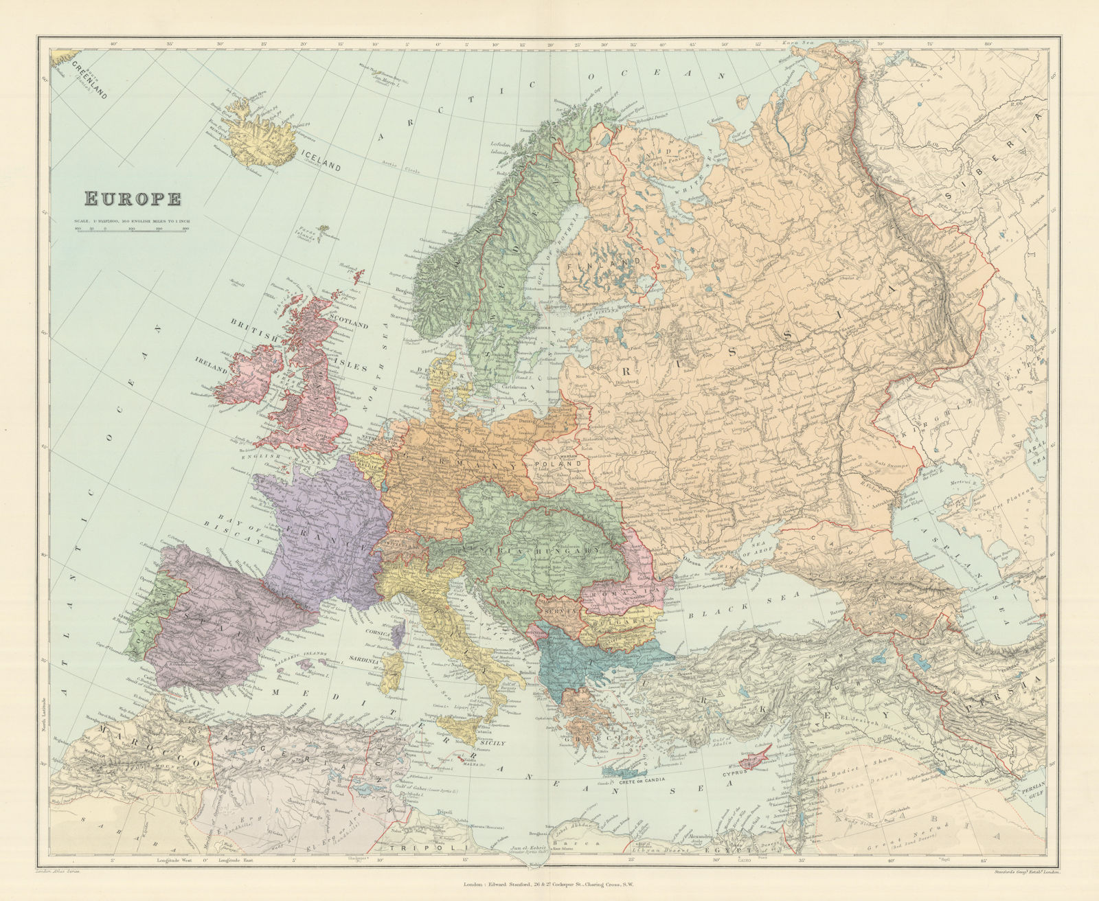 Associate Product Europe. Great Powers. Austria-Hungary Russia Turkey. 53x64cm. STANFORD 1894 map