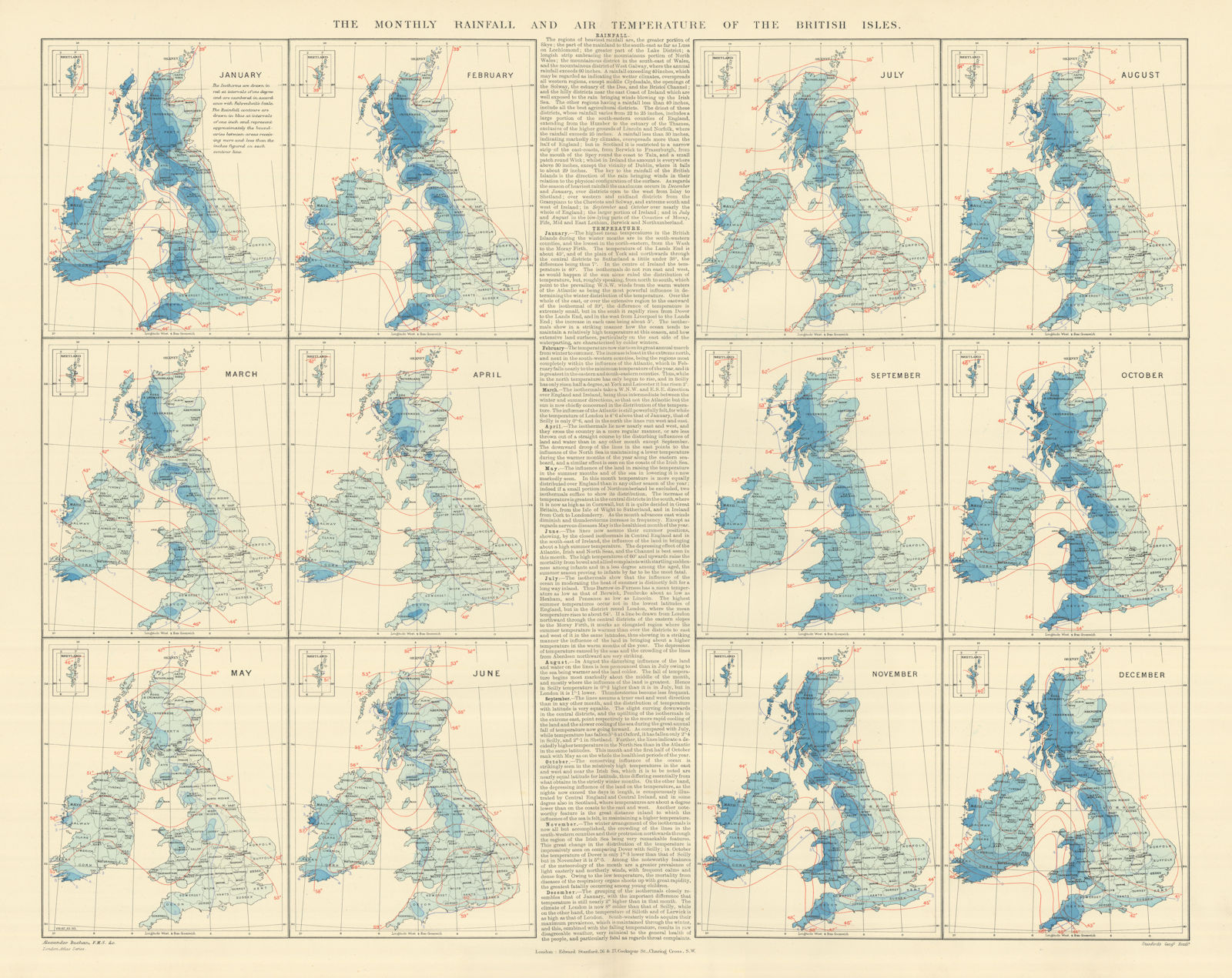 British Isles. Monthly rainfall & air temperature. 61x55cm. STANFORD 1894 map