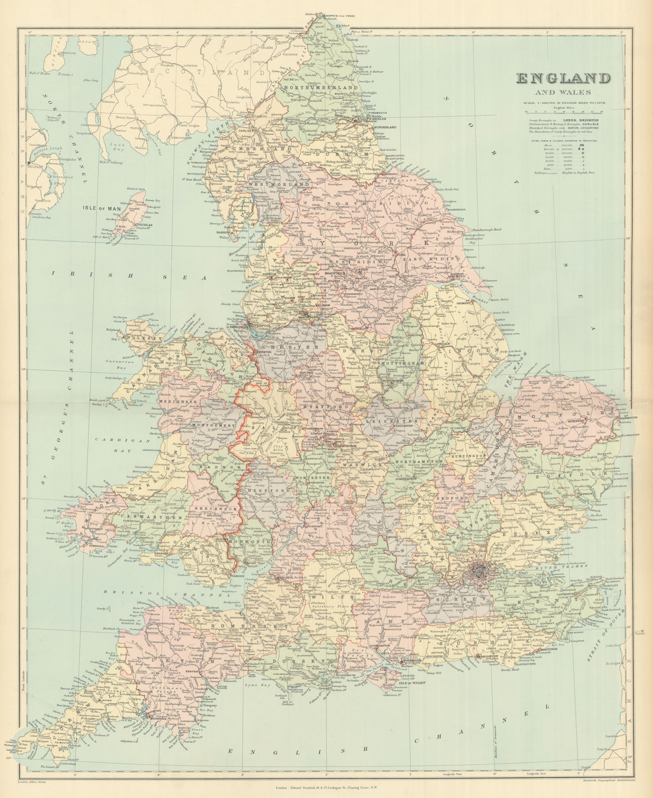 Associate Product England and Wales in counties. Railways. Large 68x55cm. STANFORD 1894 old map