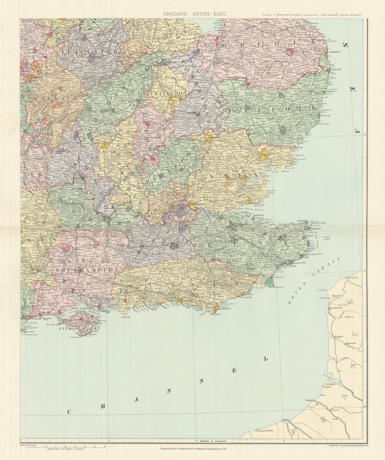 South east England. Counties & boroughs. Large 62x50cm. STANFORD 1894 old map