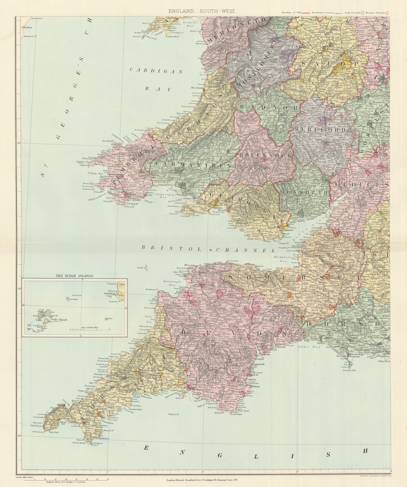 South Wales & S. West England. Devon Cornwall Somerset 62x51cm STANFORD 1894 map