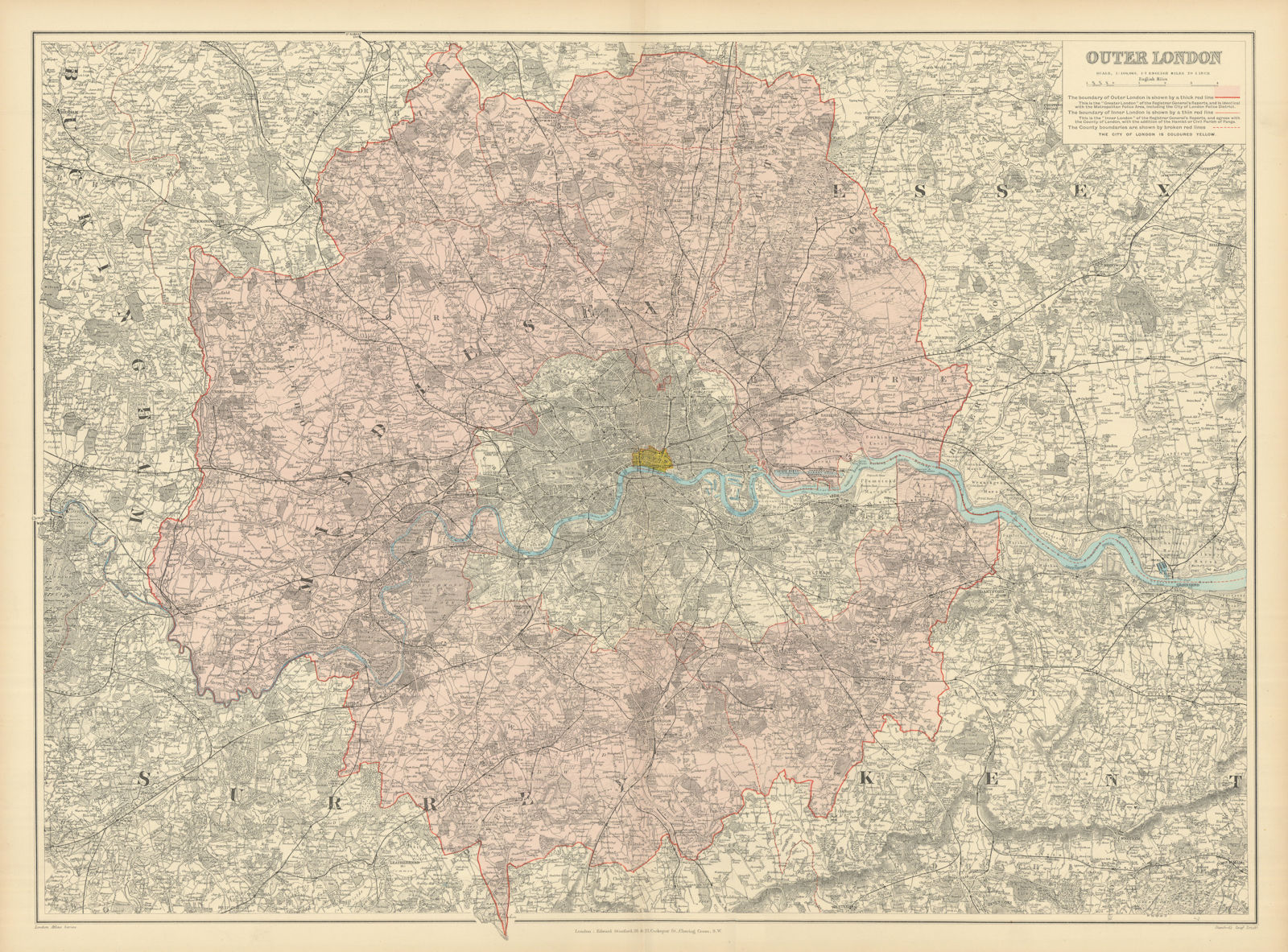 Outer [Greater] London. Metropolitan Police Area. 54x72cm. STANFORD 1894 map