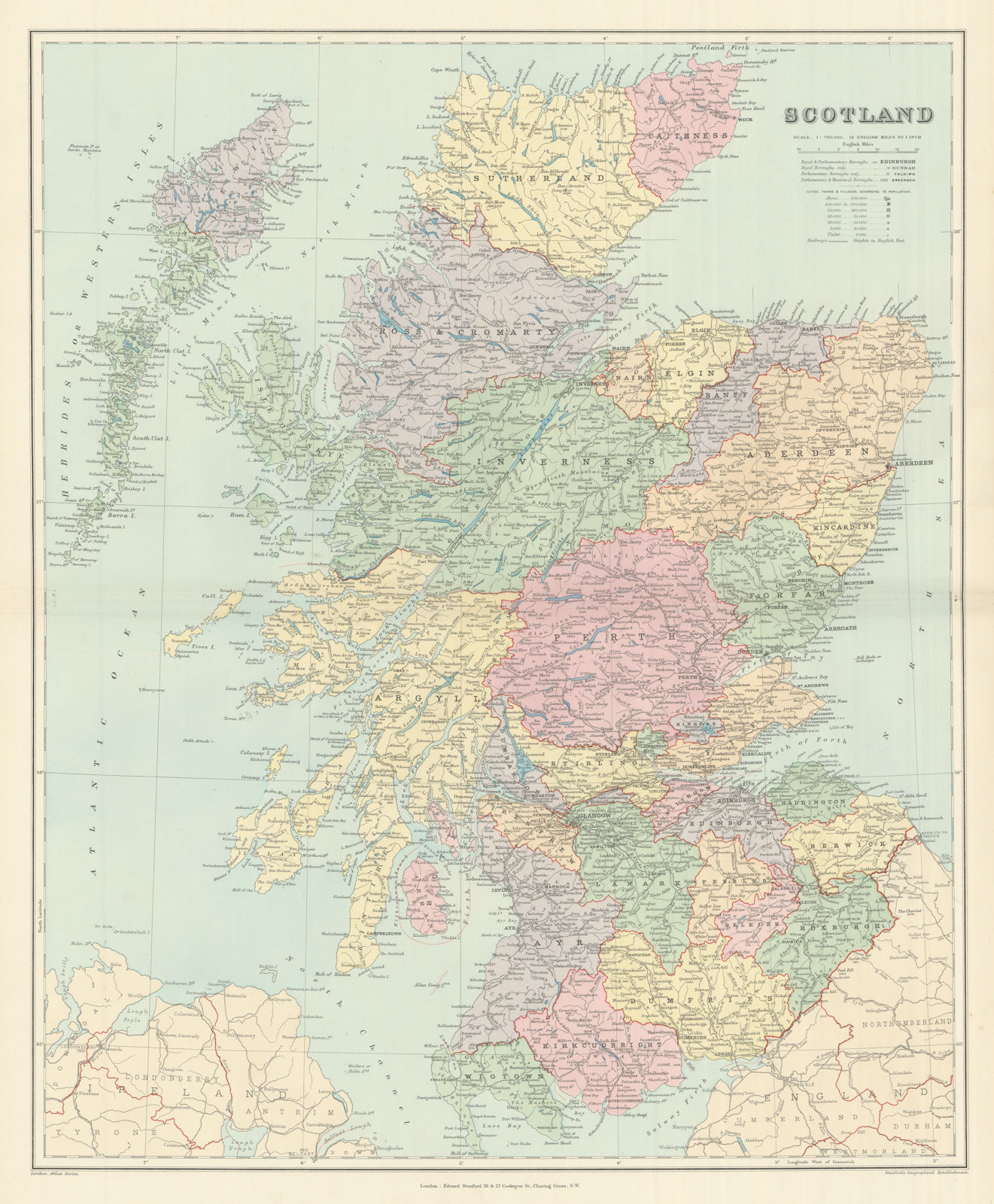 Scotland. Counties & railways. Large 66x54cm. STANFORD 1894 old antique map