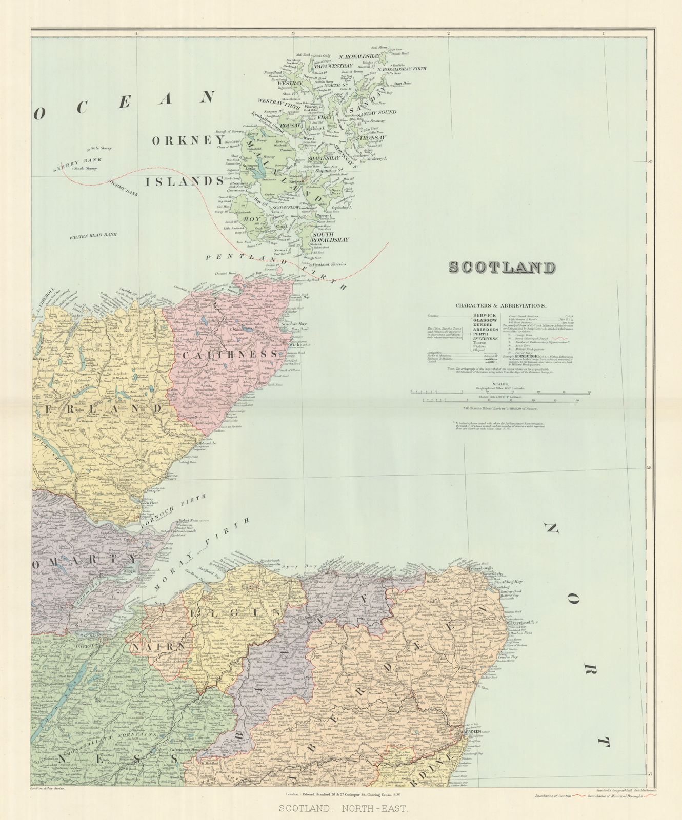 Scotland N.E. Orkney Cathiness Banff Elgin Aberdeen Sutherland STANFORD 1894 map