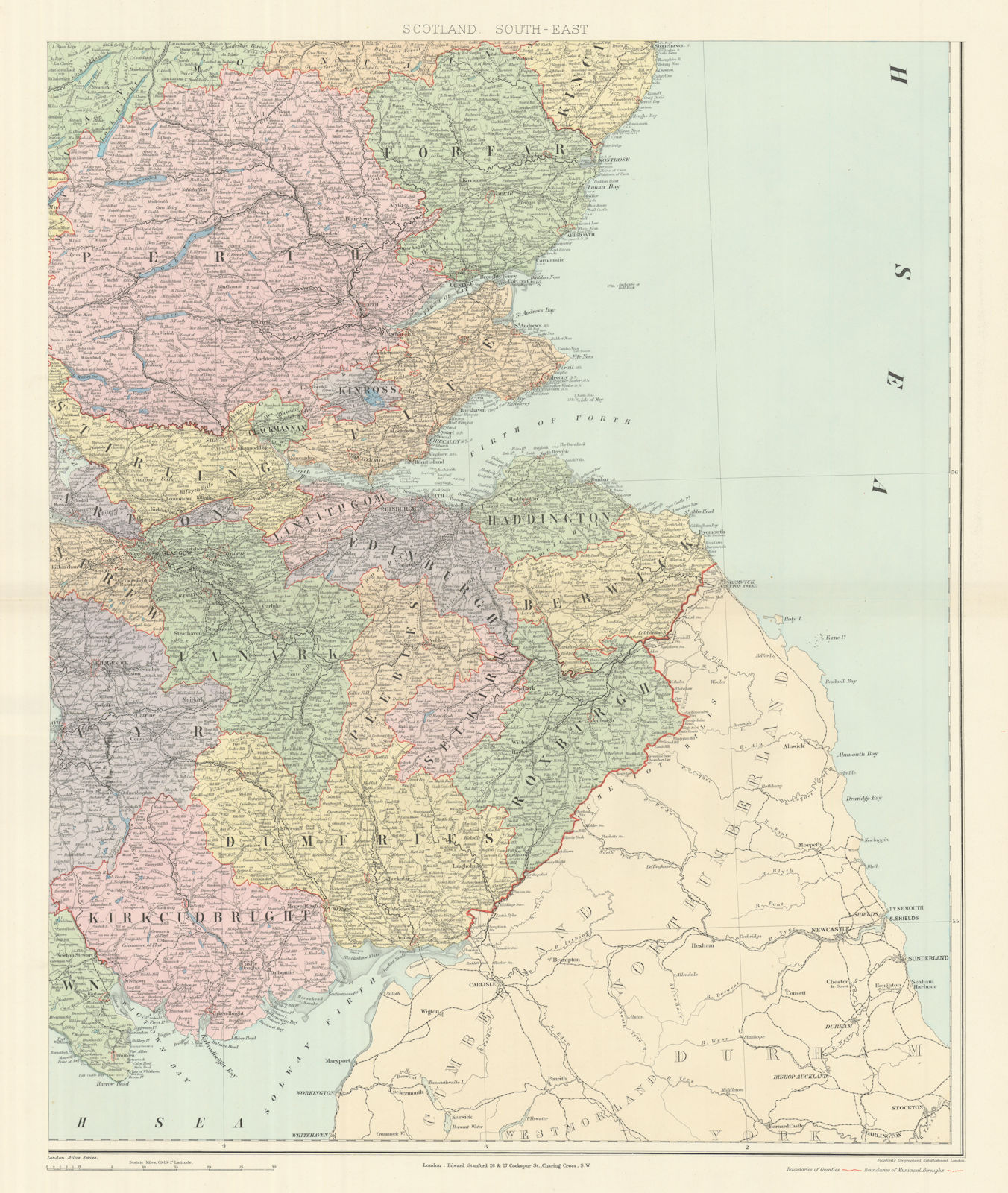Scotland S.E. Borders Central Firth of Forth Perth. 61x50cm. STANFORD 1894 map