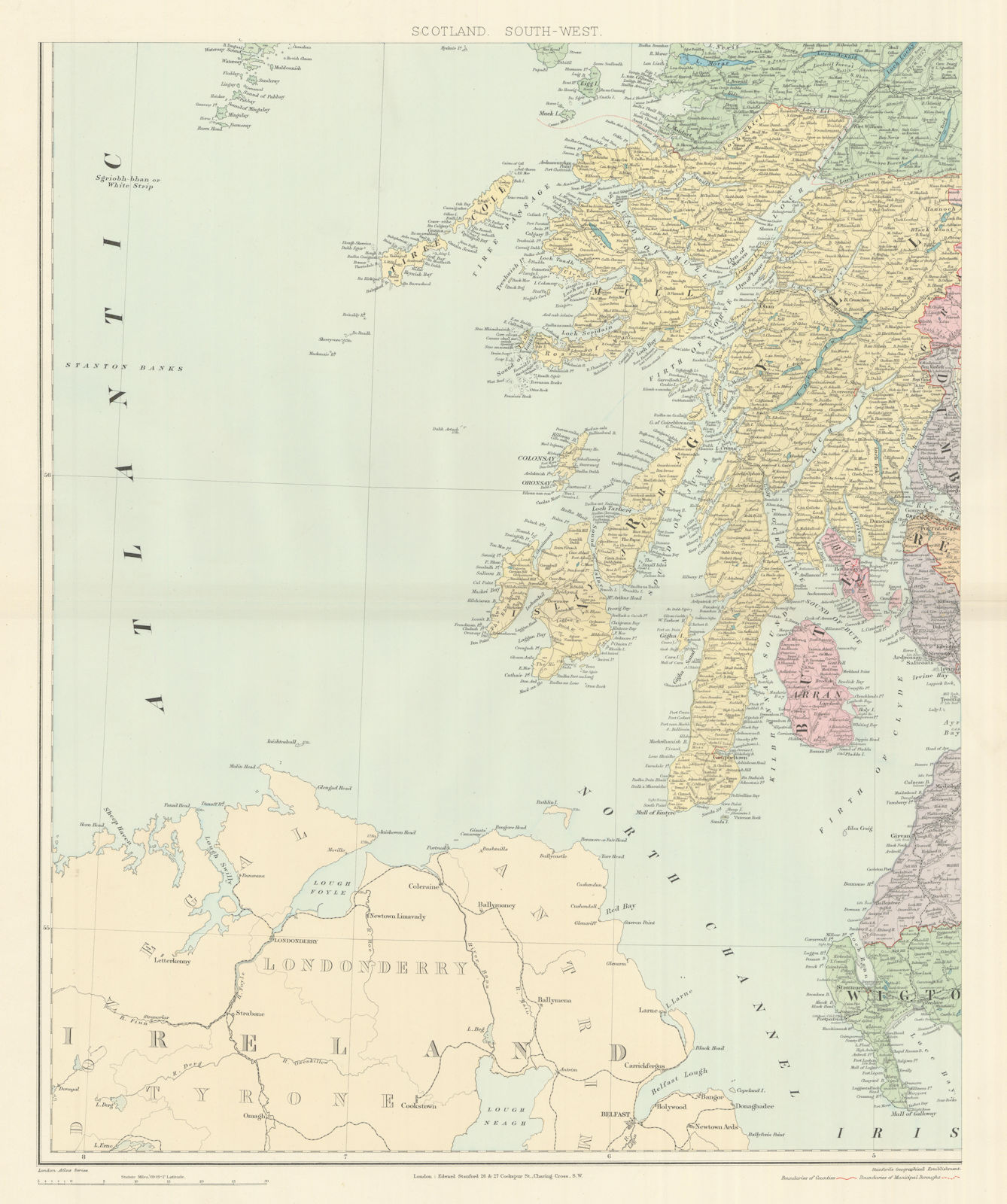Scotland S.W. Argyll Islay Jura Kintyre Mull Tiree. 61x50cm. STANFORD 1894 map